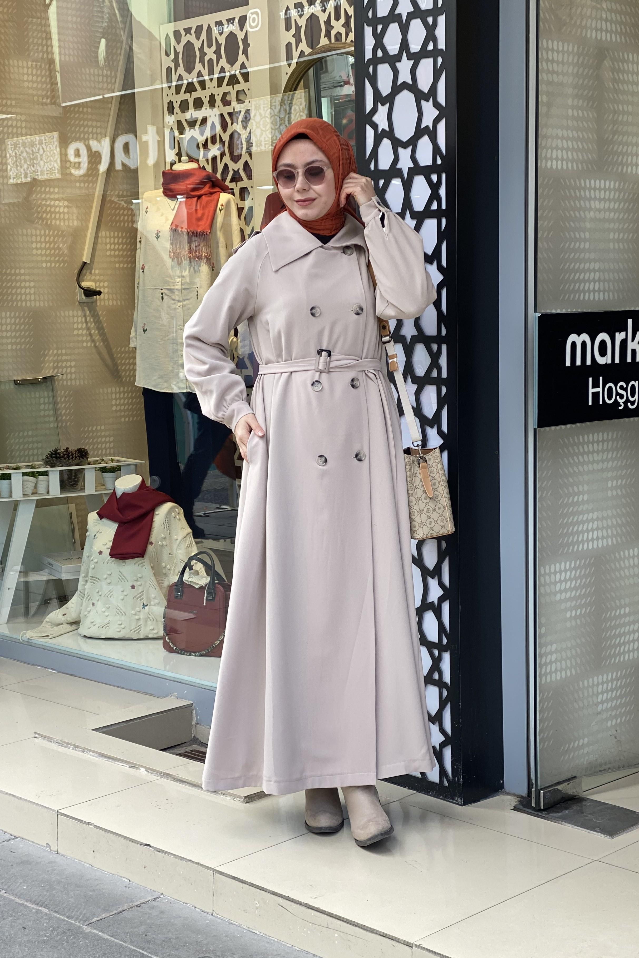 Tesettür 0308 Krep Kumaş Düğmeli Trenç