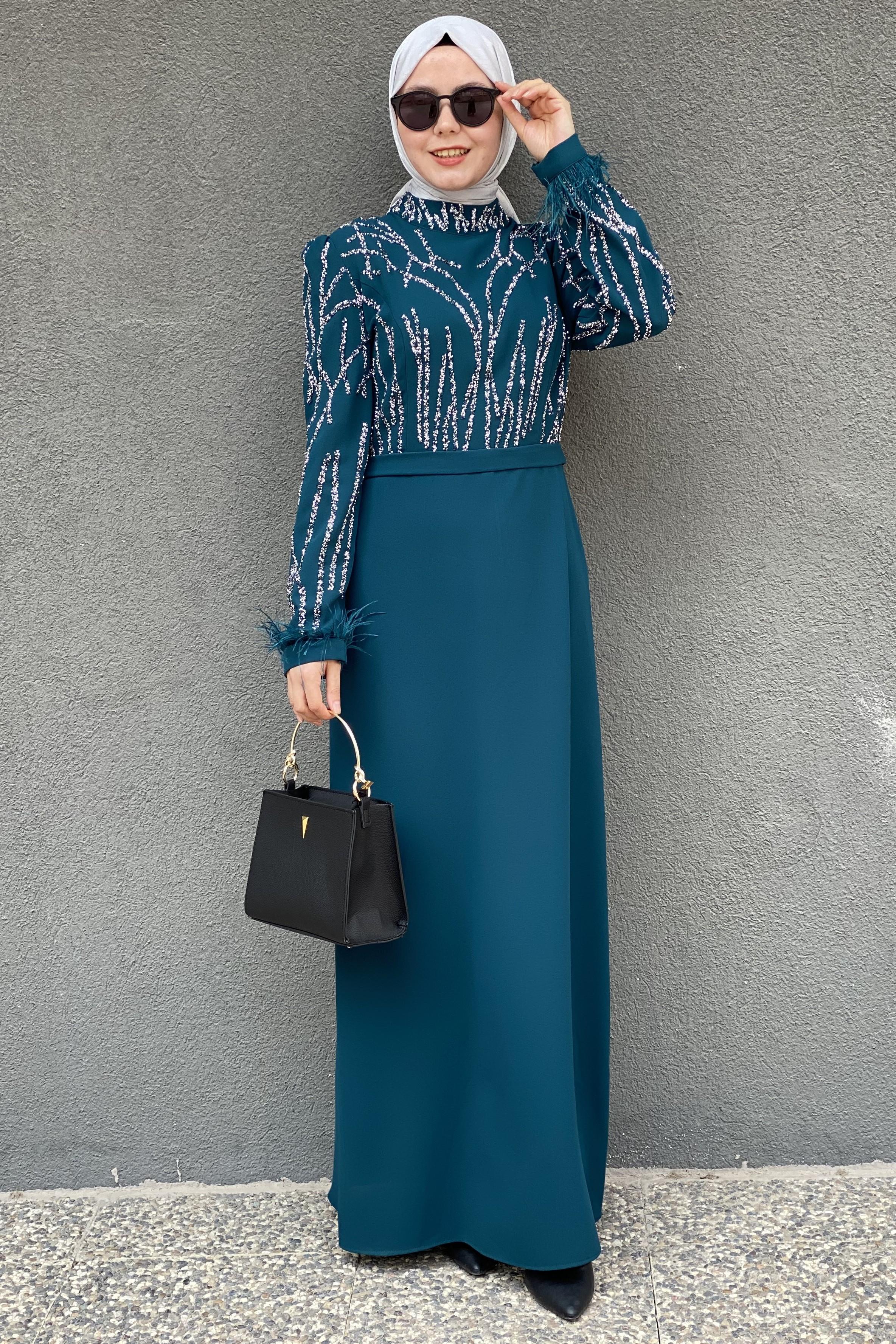 Tesettür 2691 Kolları Tüylü Abiye Elbise