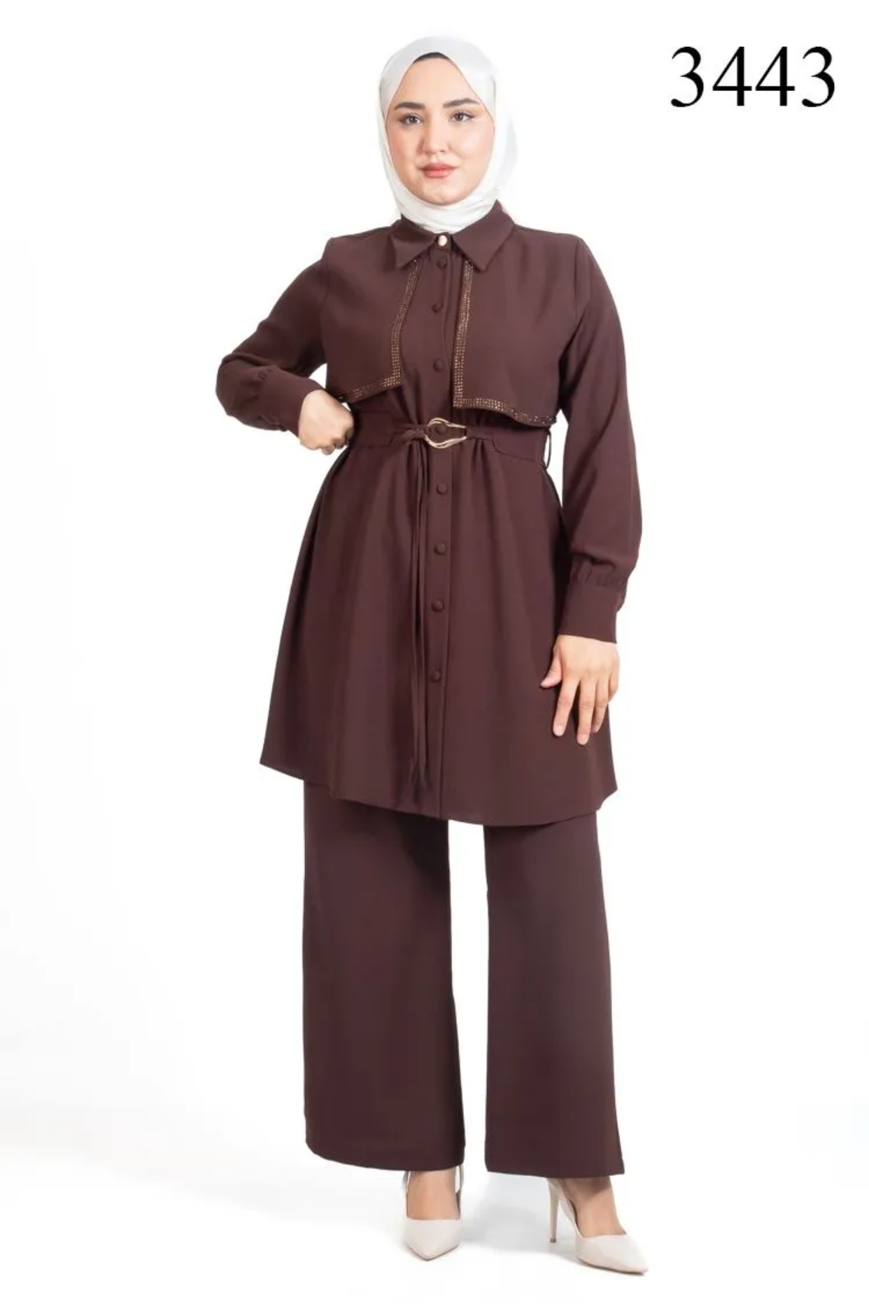 Tesettür 3443 Taşlı  Pelerin Detaylı Pantolon Takım
