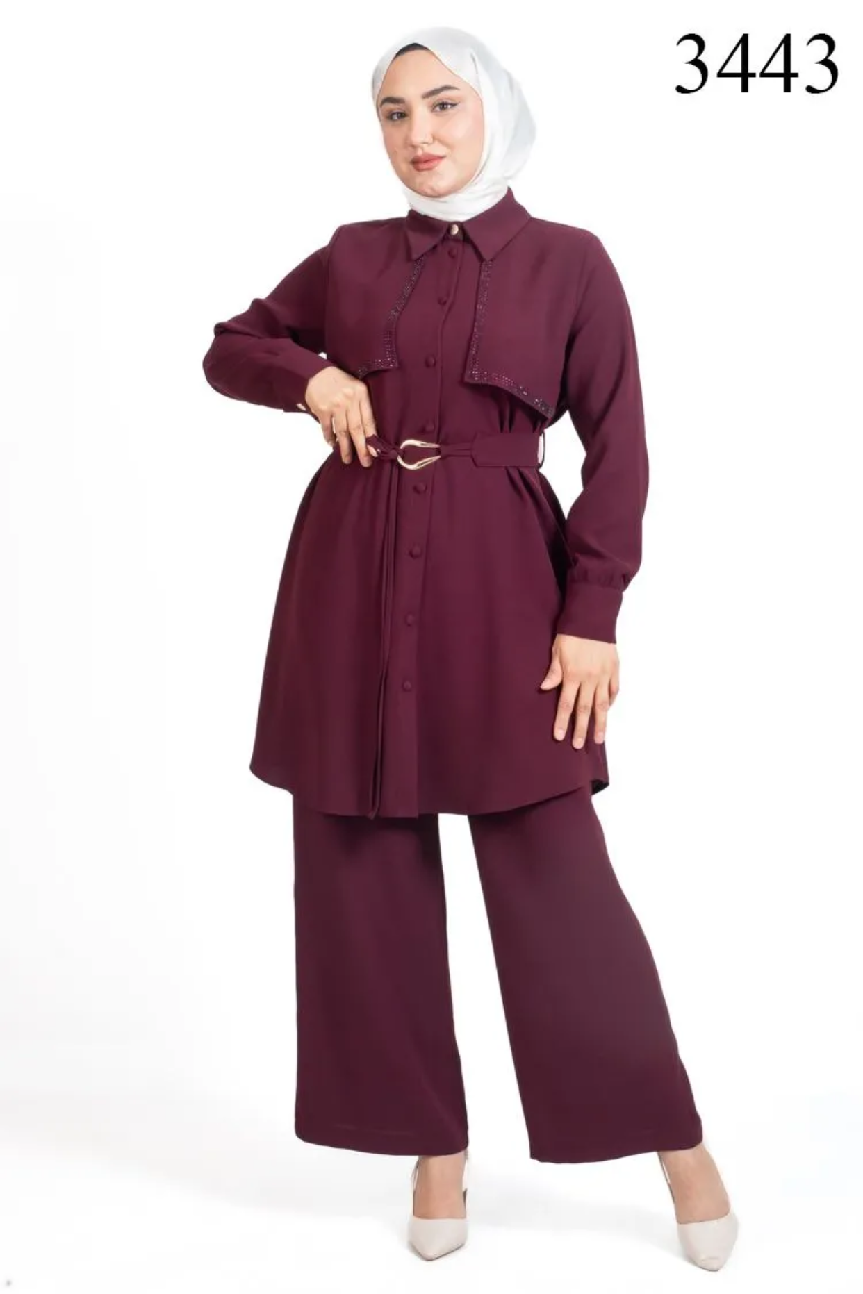 Tesettür 3443 Taşlı  Pelerin Detaylı Pantolon Takım