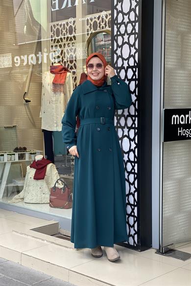 Tesettür 0308 Krep Kumaş Düğmeli Trenç