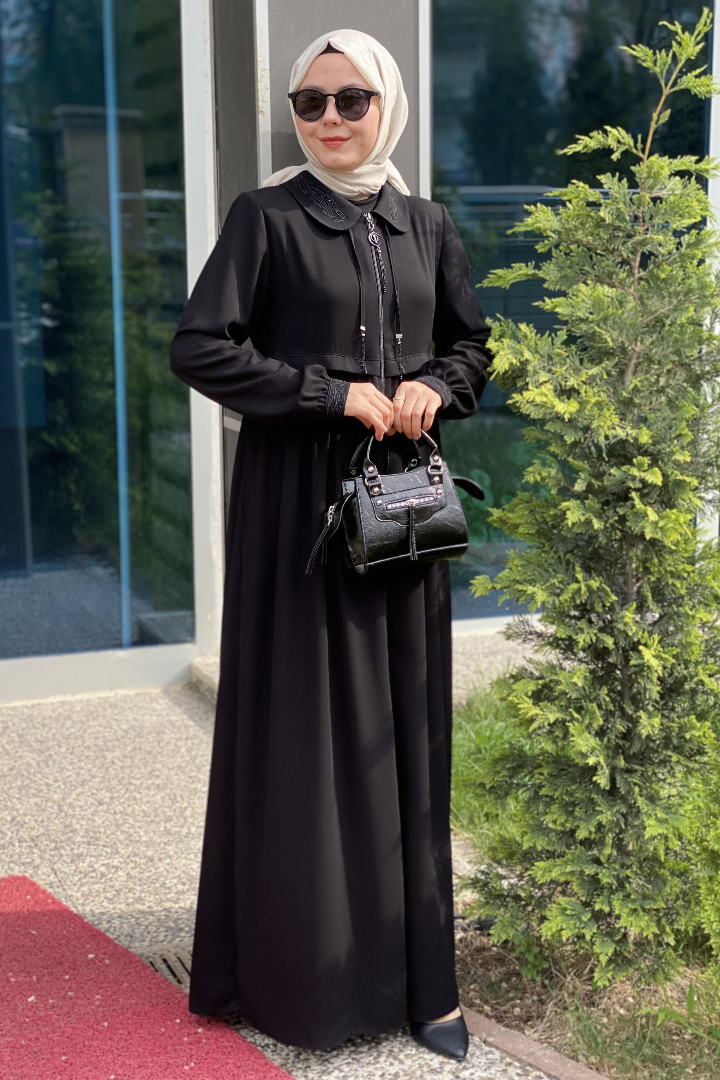 Tesettür 1206 Bebe Yaka Taş Detaylı Ferace