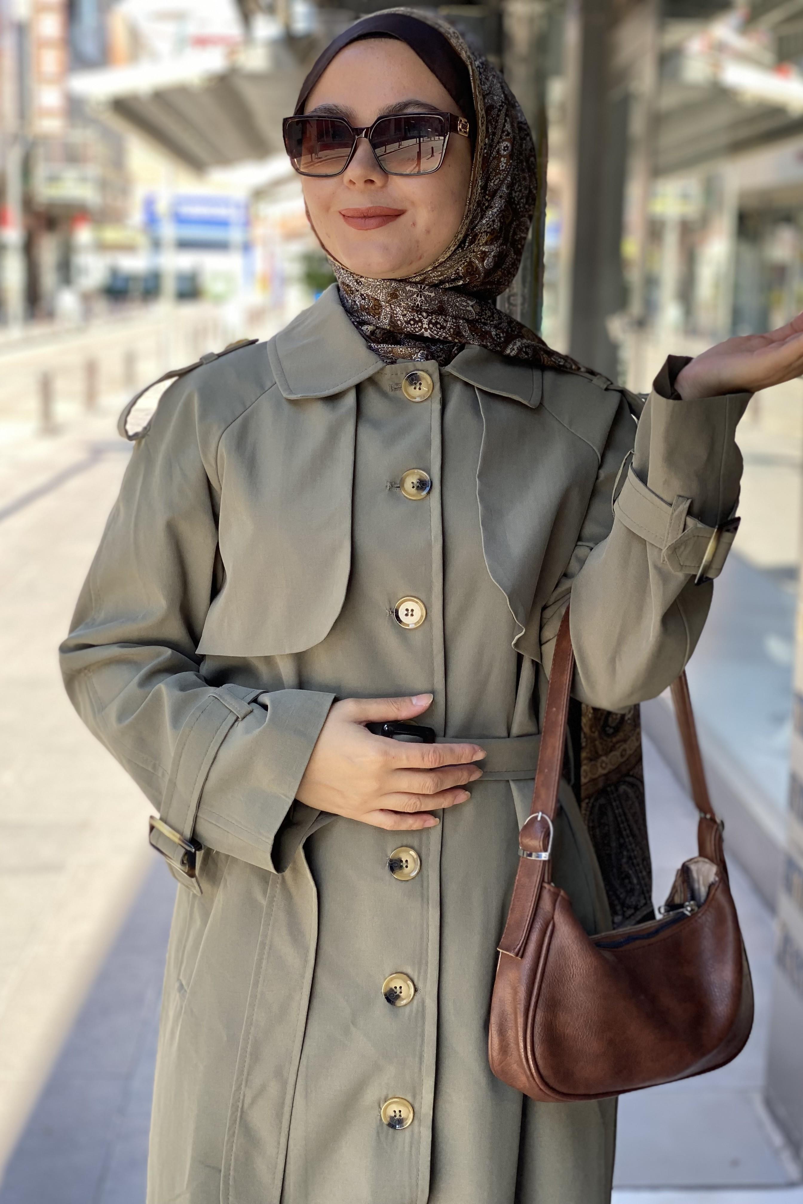 Tesettür 3052 Pelerin Detaylı Düğmeli Trenç Kot