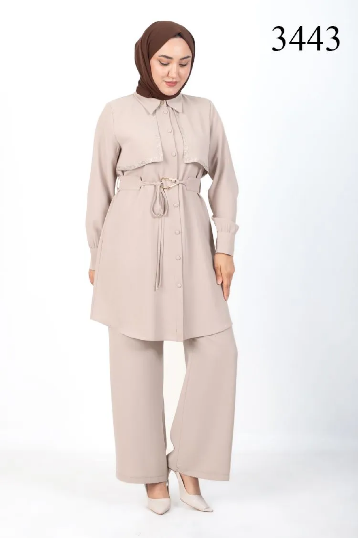 Tesettür 3443 Taşlı  Pelerin Detaylı Pantolon Takım