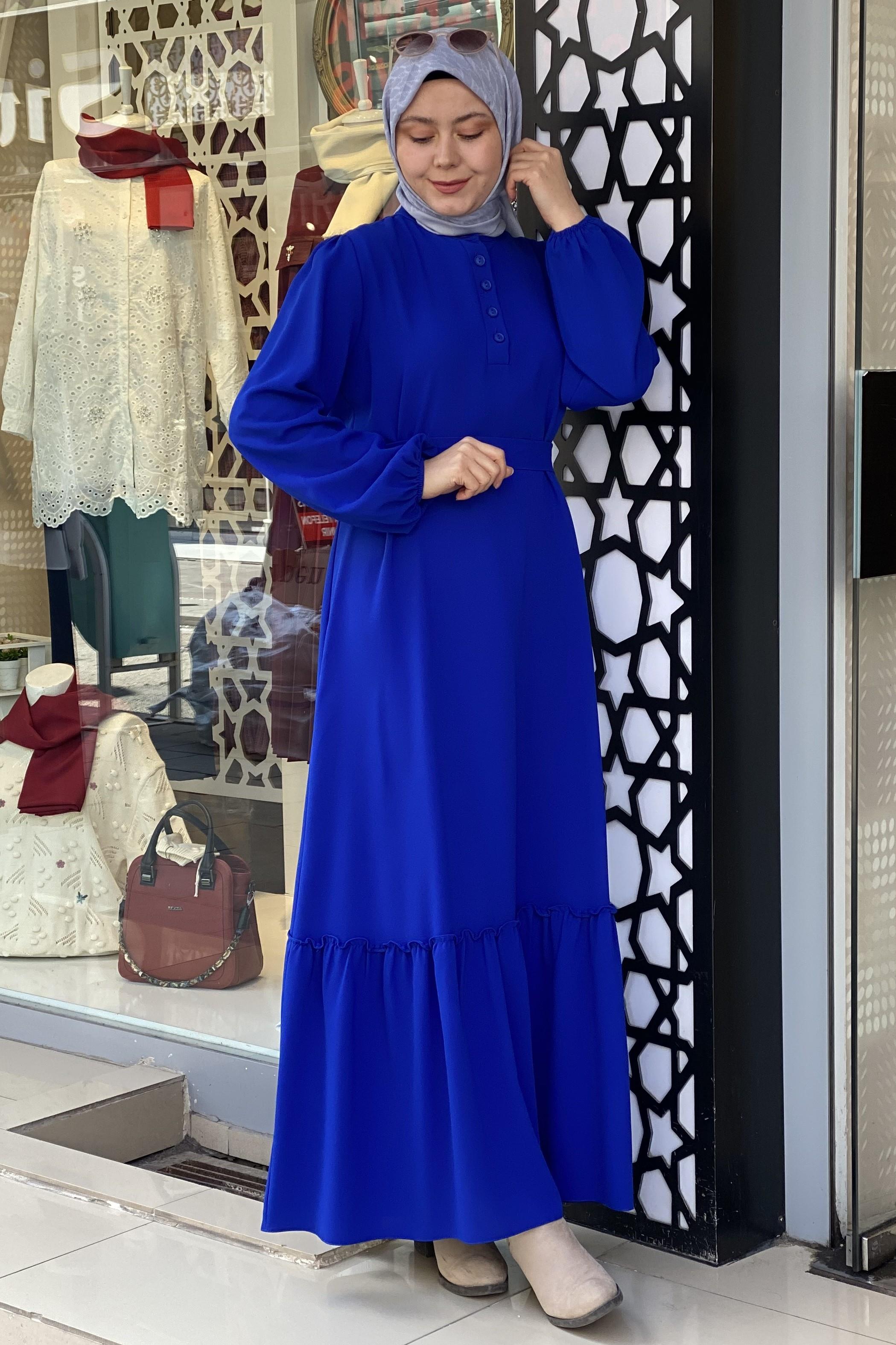 Tesettür 9215 Düğmeli Eteği Fırfırlı Elbise