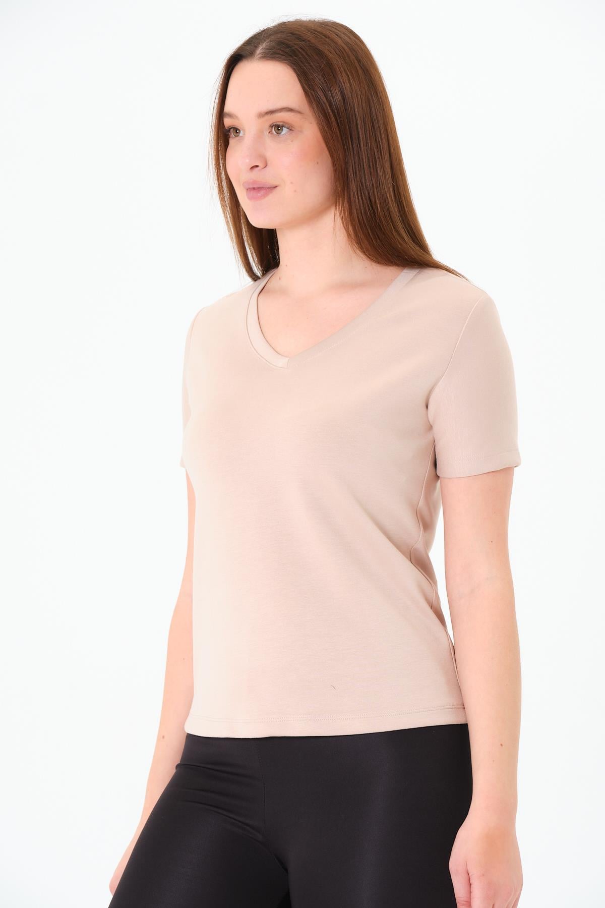 V Yaka Premium Modal Kumaş Basic Tişört - Bej