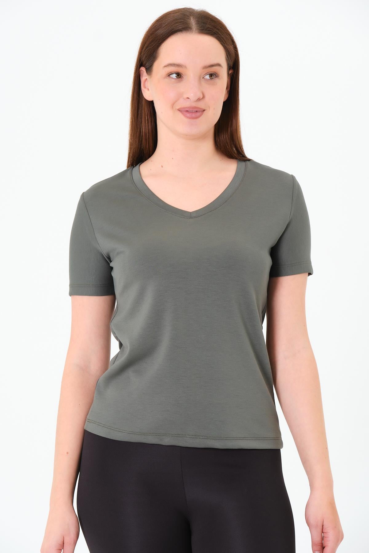 V Yaka Premium Modal Kumaş Basic Tişört - Haki
