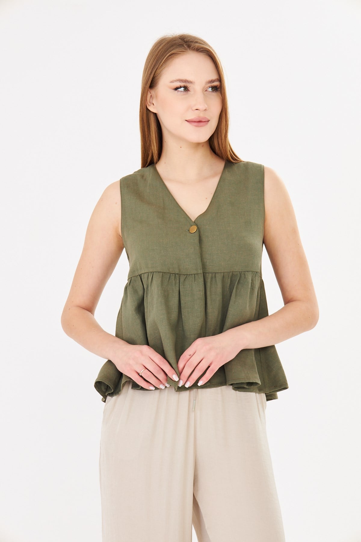 V Yaka Tek Düğmeli Peplum Haki Keten Bluz