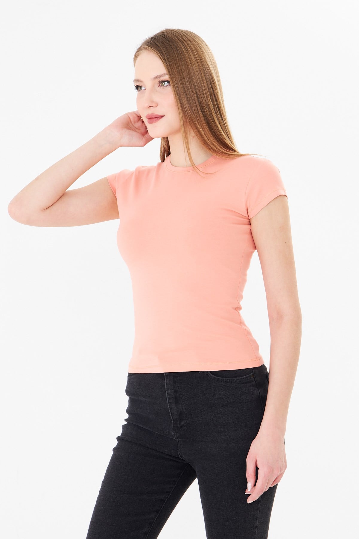 Bisiklet Yaka Pamuklu Fit Basic Tişört Pudra
