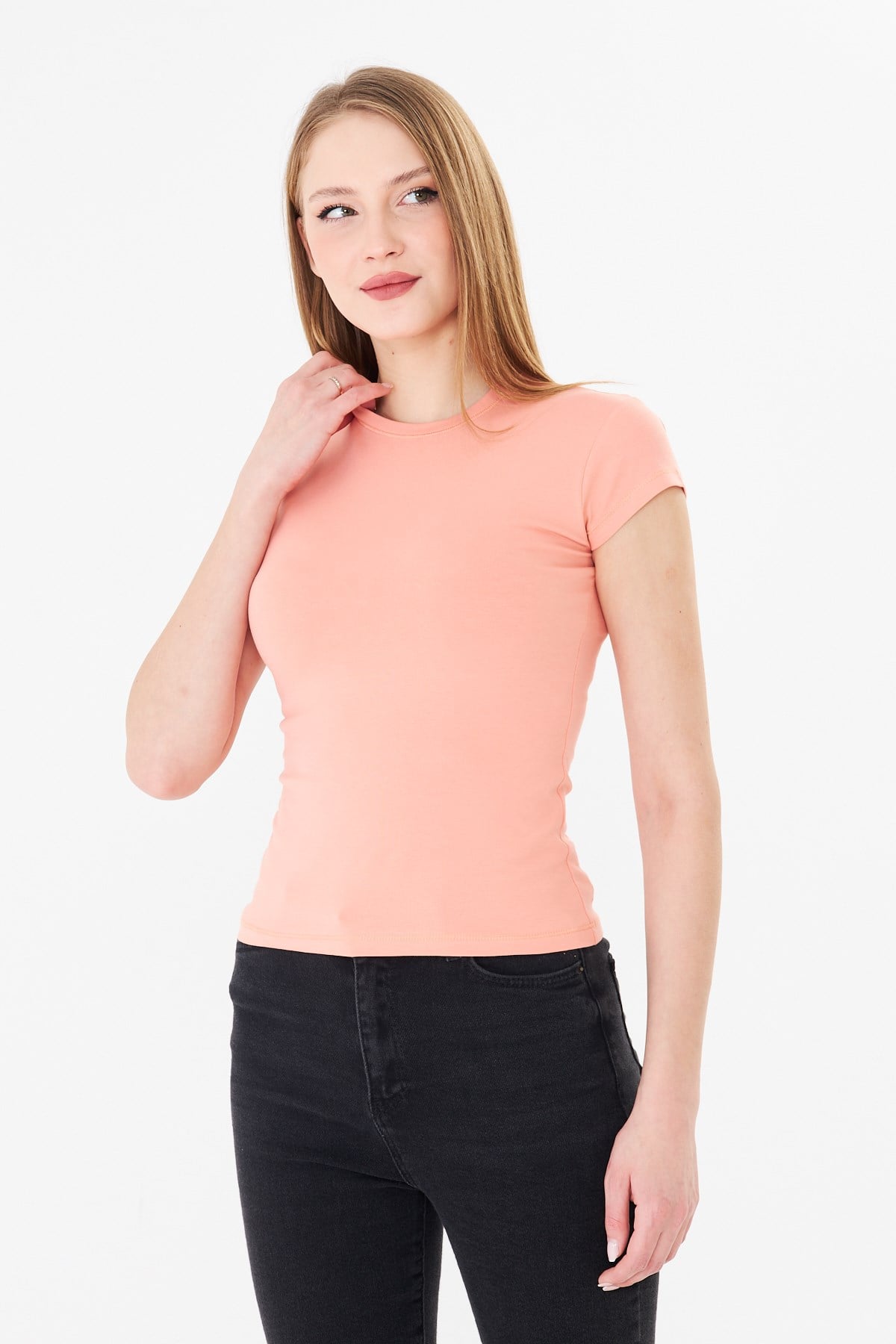 Bisiklet Yaka Pamuklu Fit Basic Tişört Pudra
