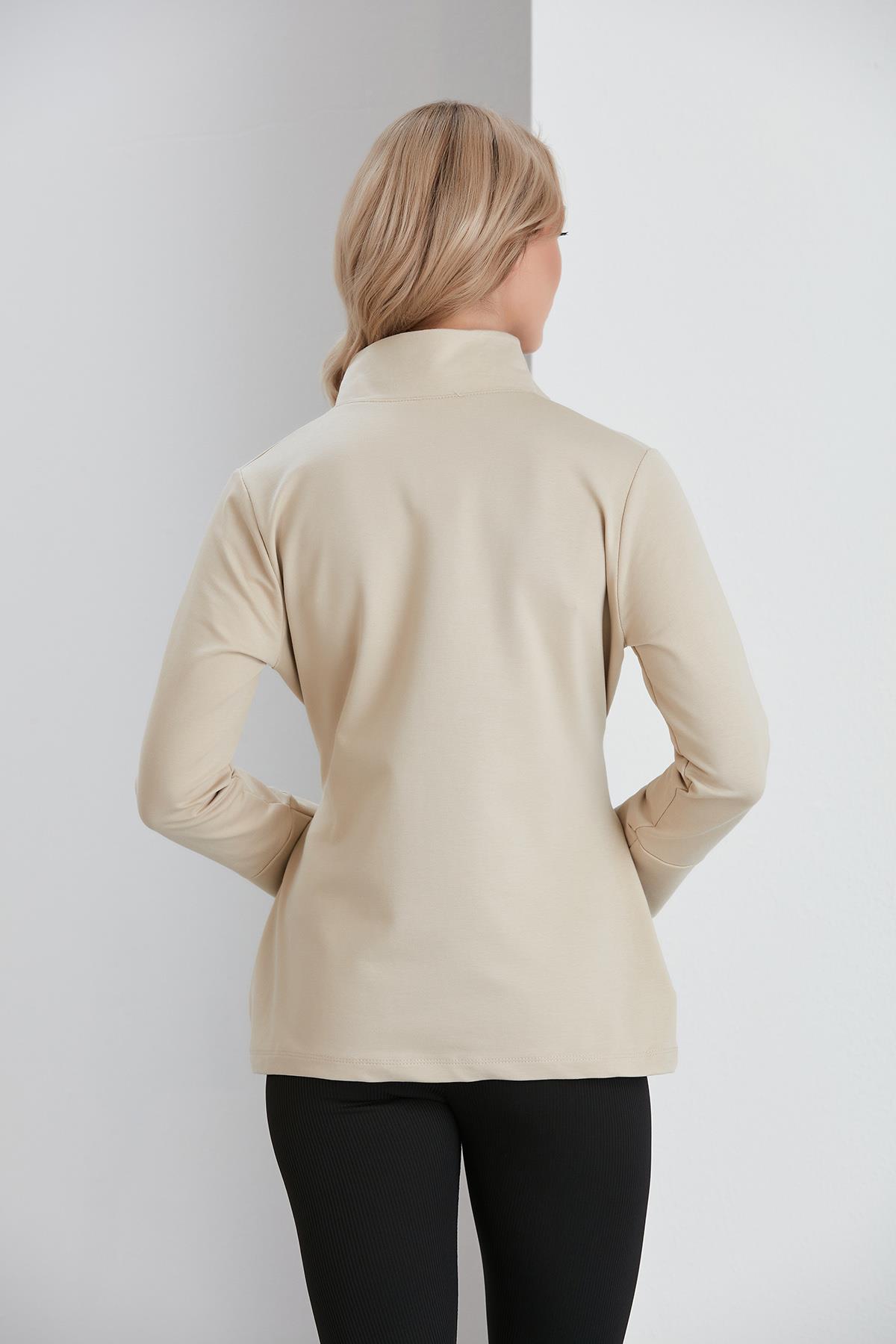 Beli Kuşaklı İki İplik Sweatshirt Ceket Kum