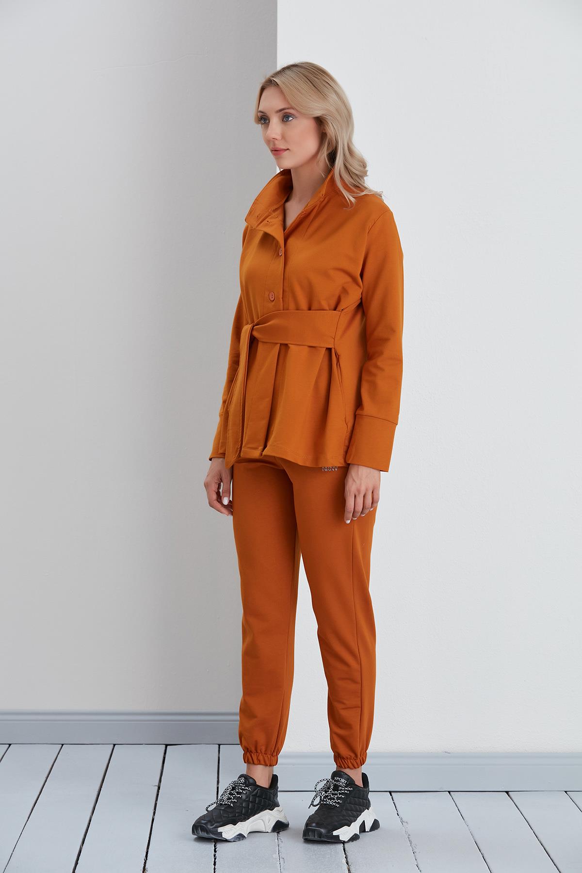 Beli Kuşaklı İki İplik Sweatshirt Ceket Tütün