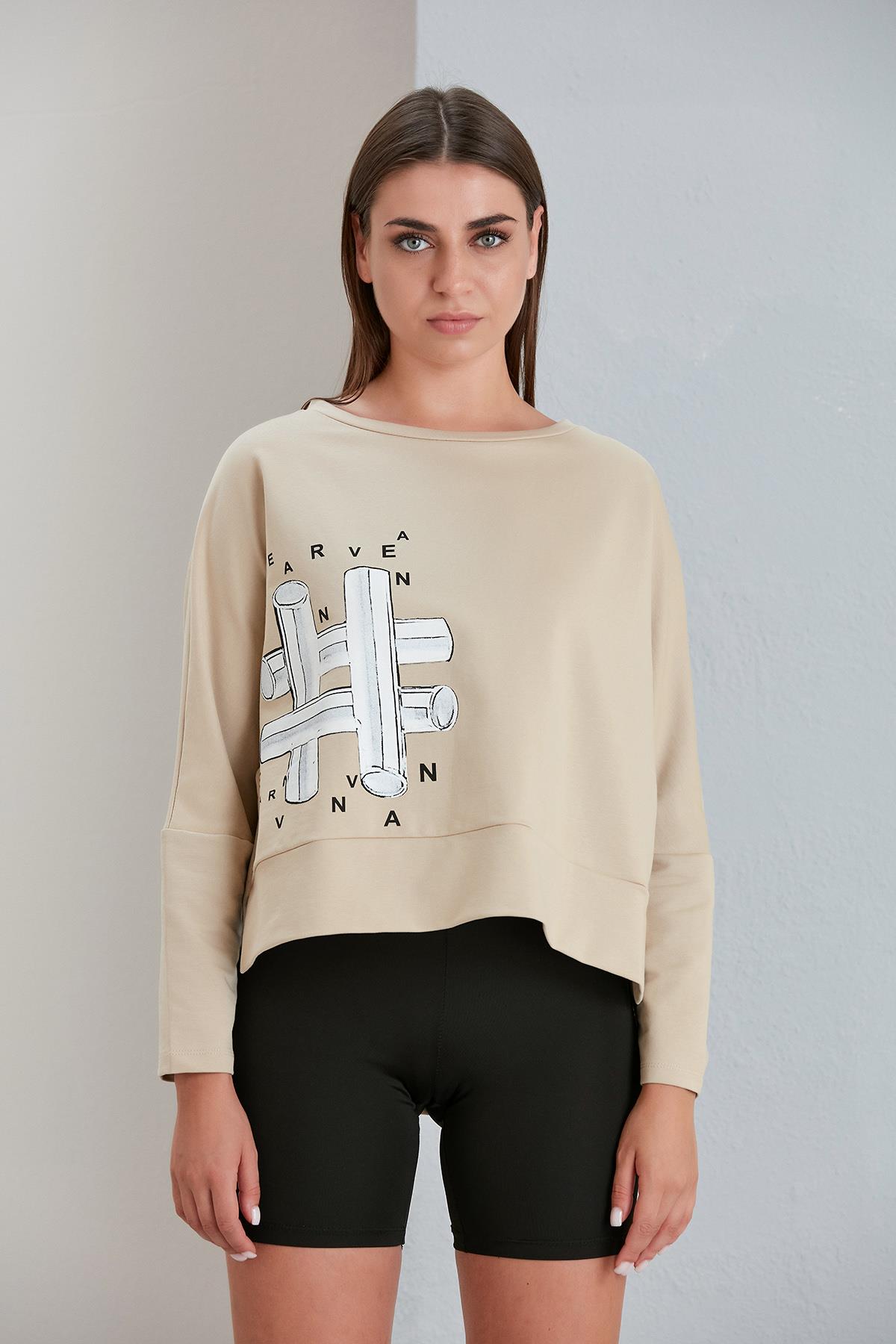 Bisiklet Yaka Baskılı  İki İplik Sweatshirt Kum