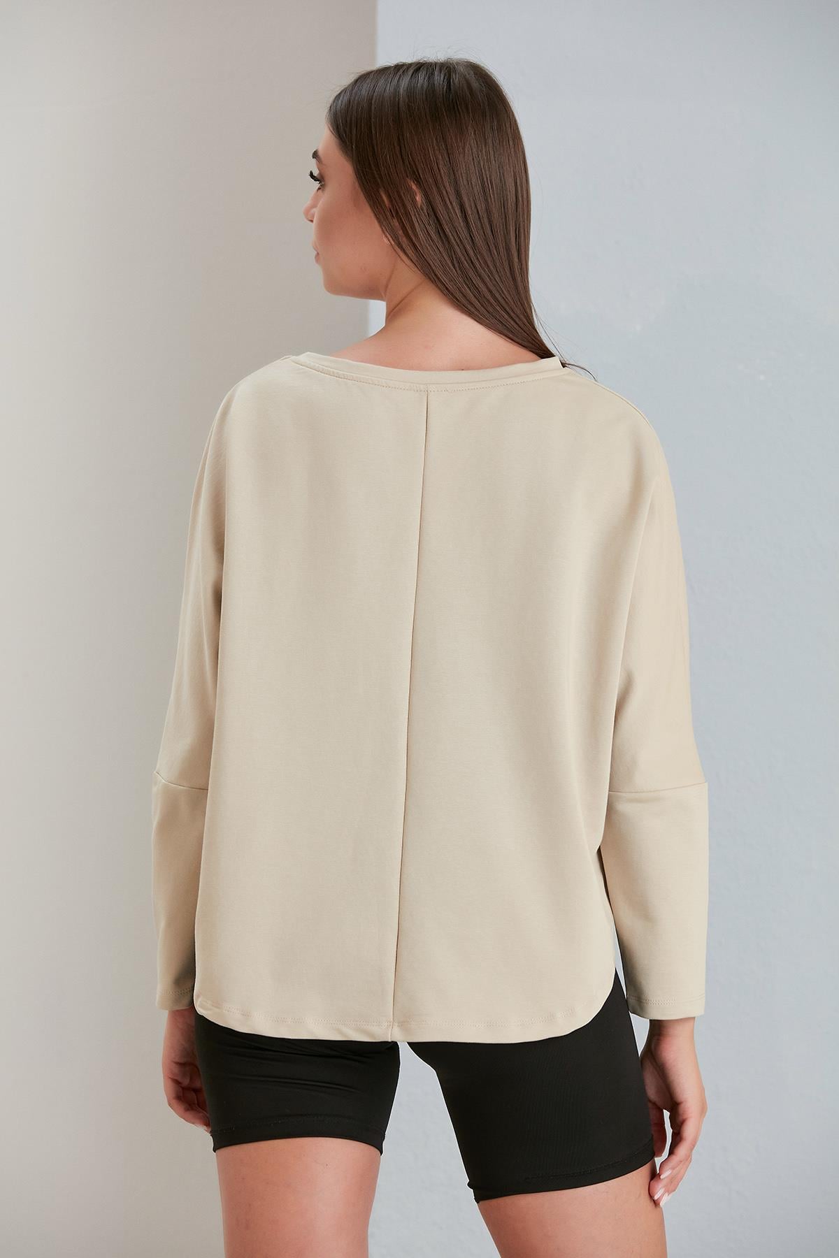 Bisiklet Yaka Baskılı  İki İplik Sweatshirt Kum