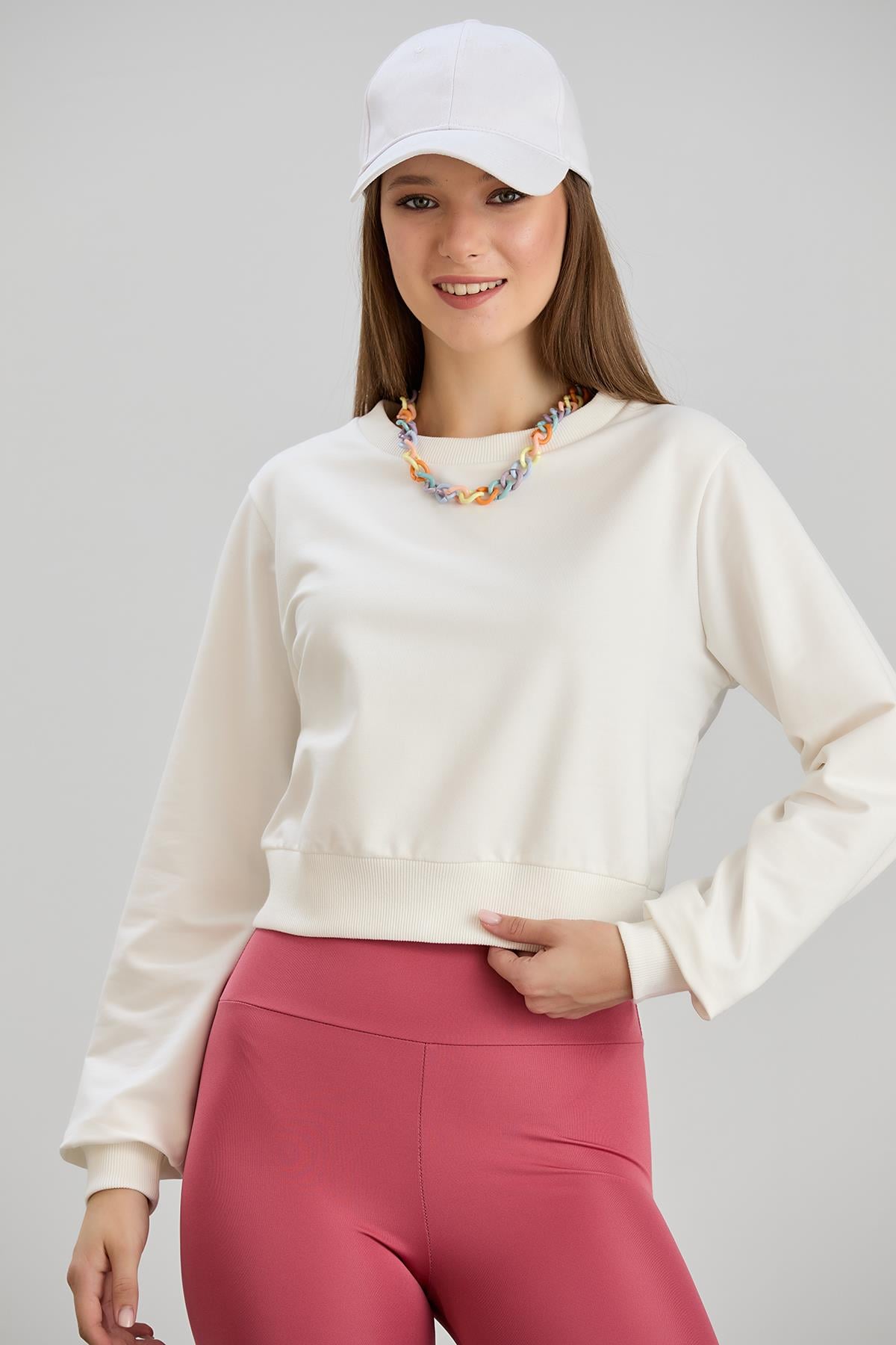 bisiklet yaka iki iplik crop swet Ekru
