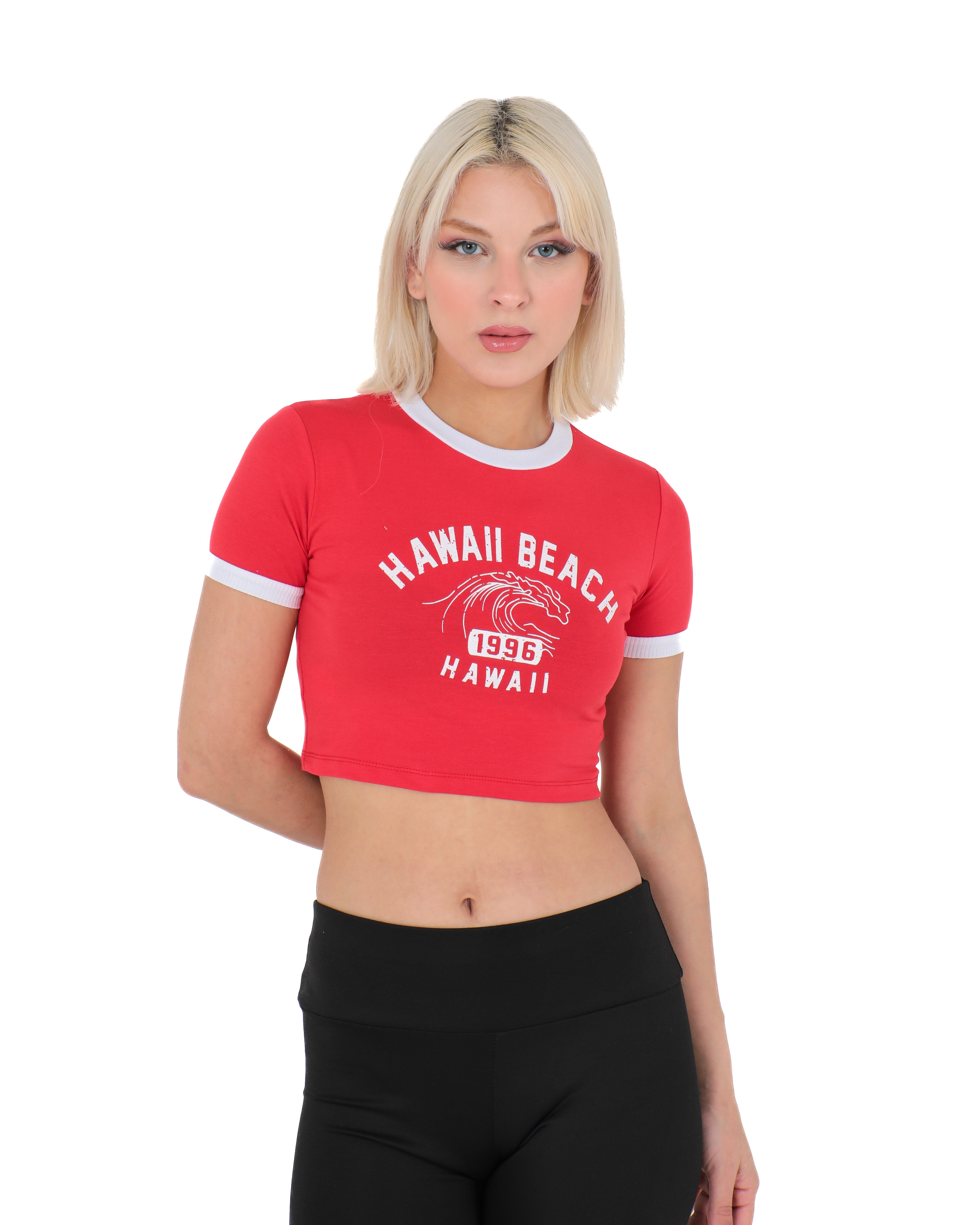 Bisiklet Yaka Önü Baskılı Pamuklu Crop Tişört Kırmızı