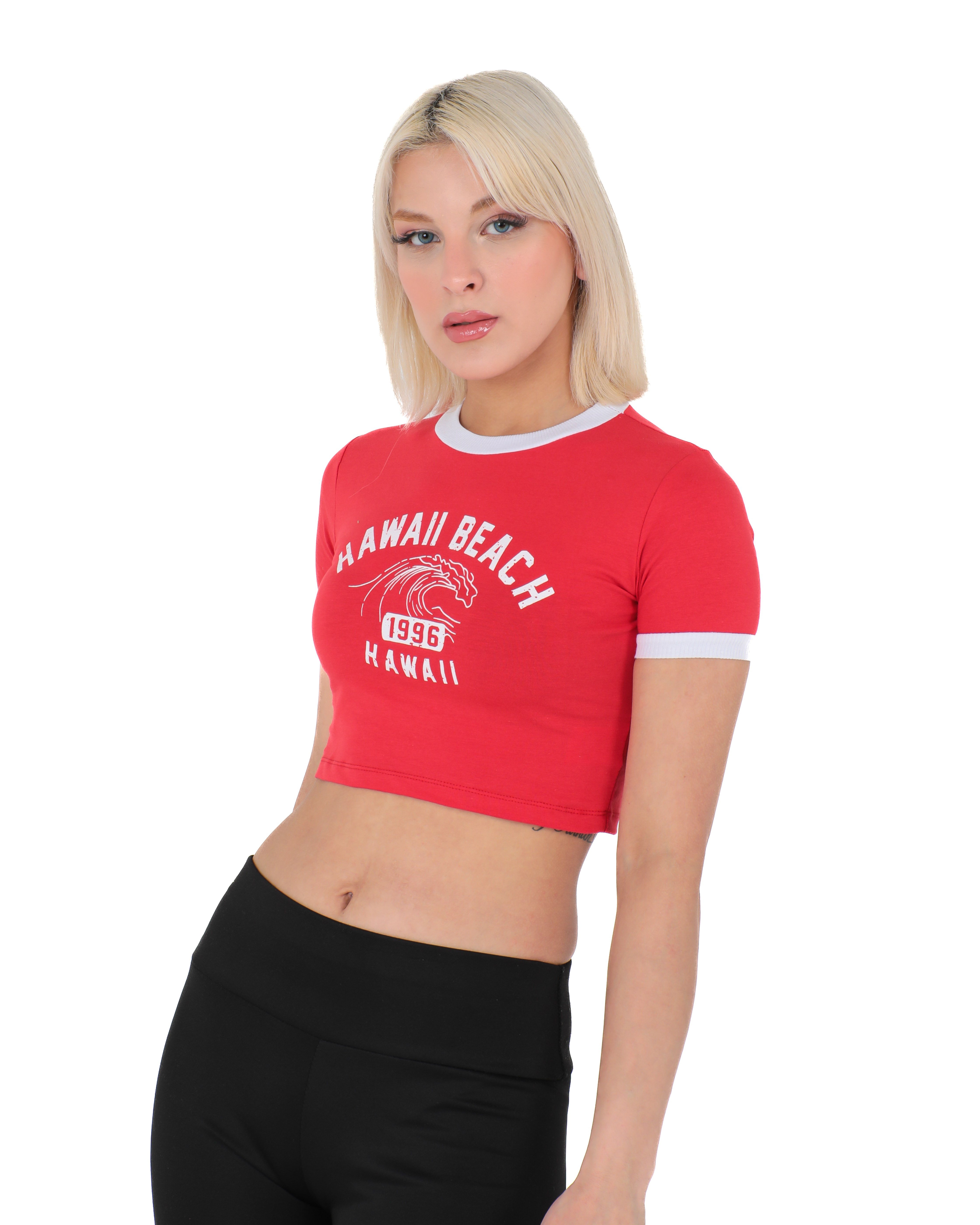Bisiklet Yaka Önü Baskılı Pamuklu Crop Tişört Kırmızı