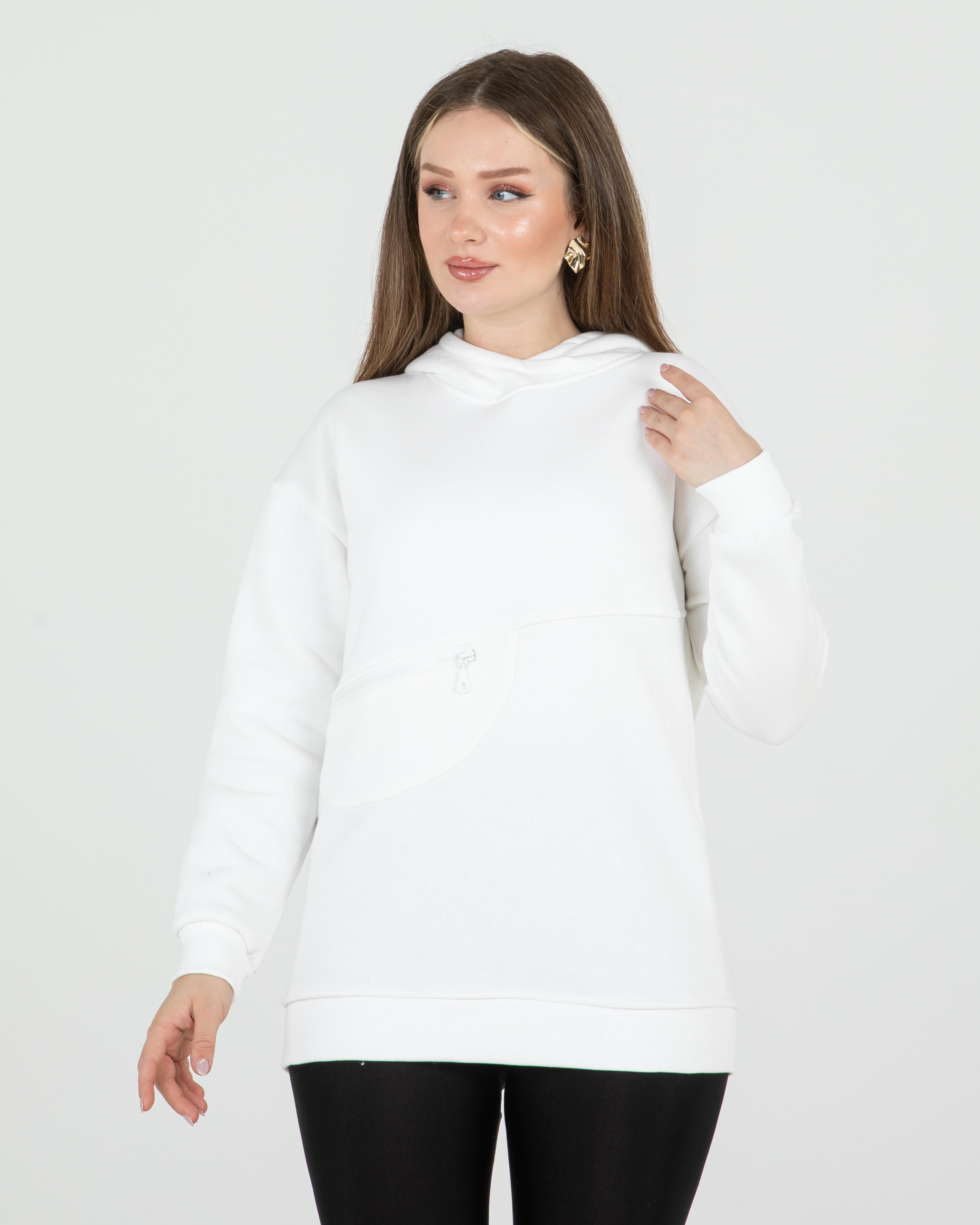 Cep Fermuarlı Sweat Ekru
