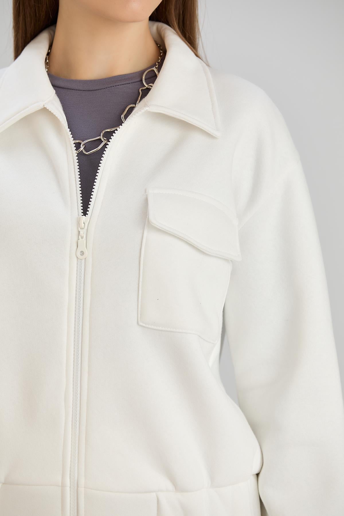 Cepli Fermuarlı s-shirt Ekru