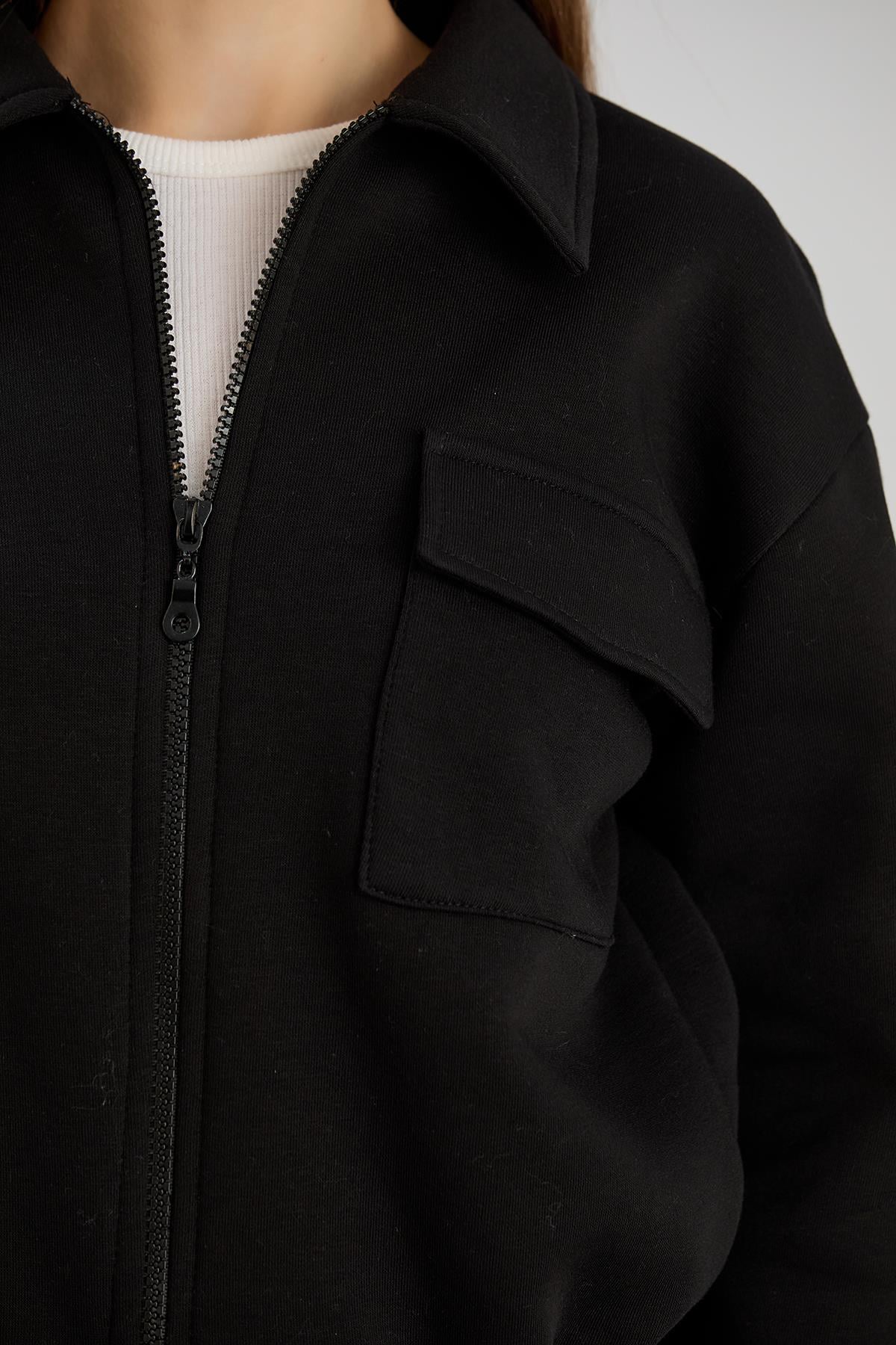 Cepli Fermuarlı s-shirt Siyah