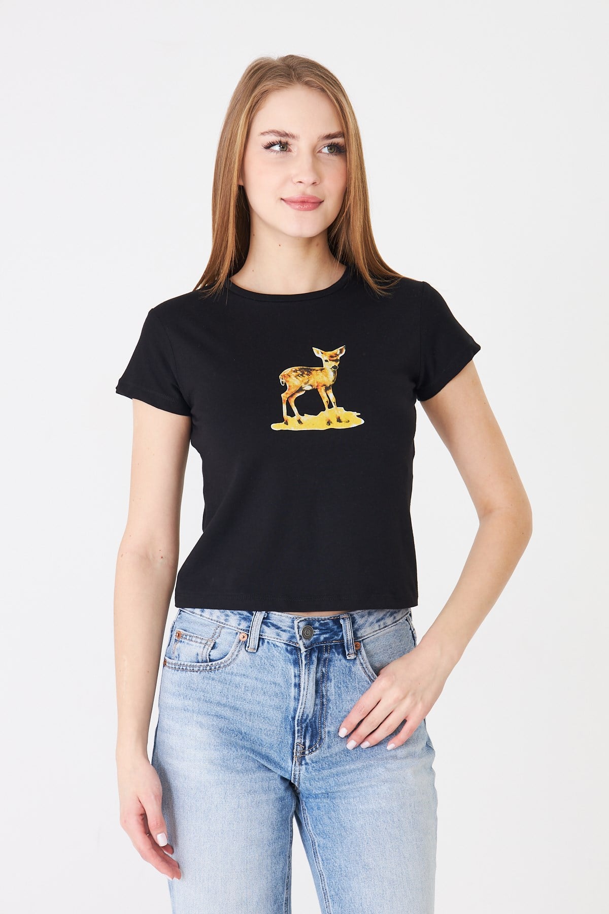 Ceylan Baskılı Bisiklet Yaka Fit Basic Tshirt Siyah