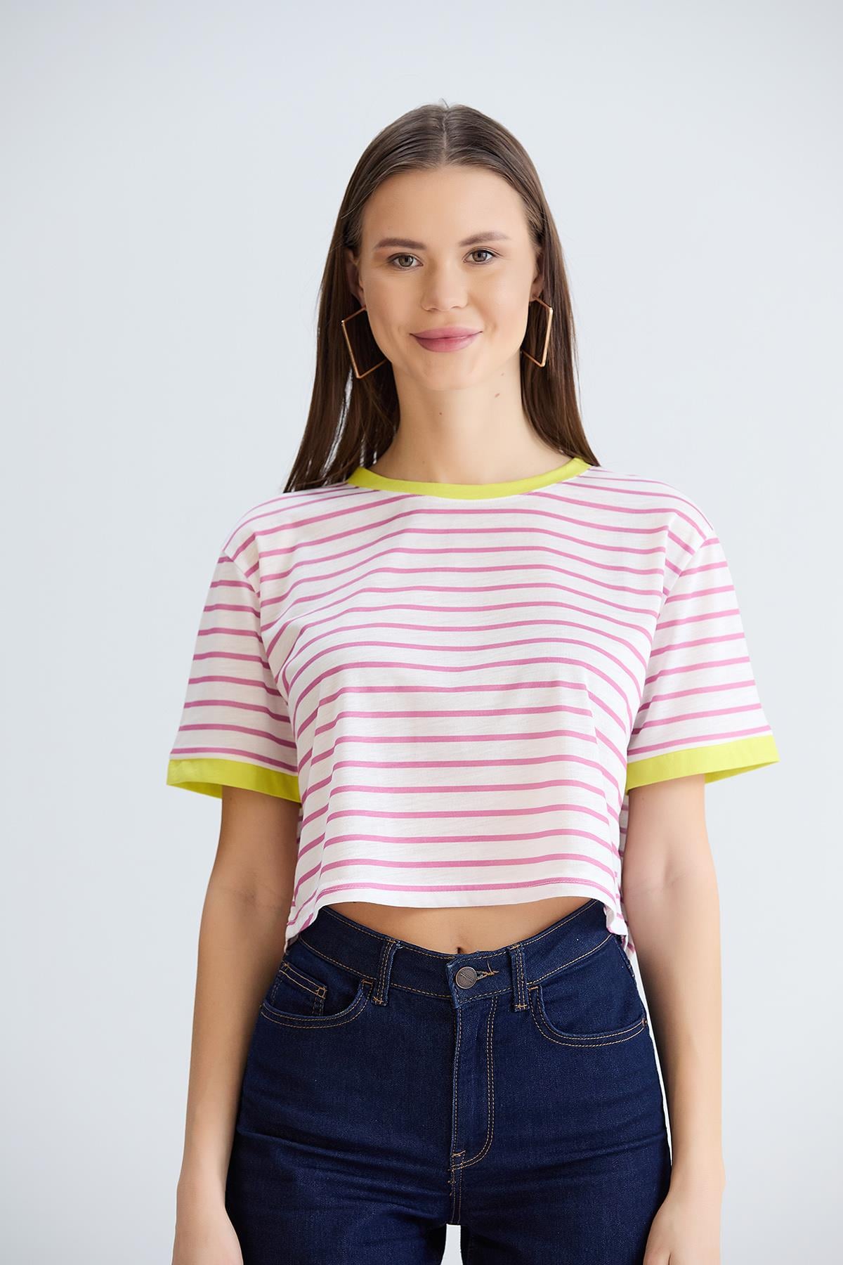 Çizgili Crop Tshirt Pembe