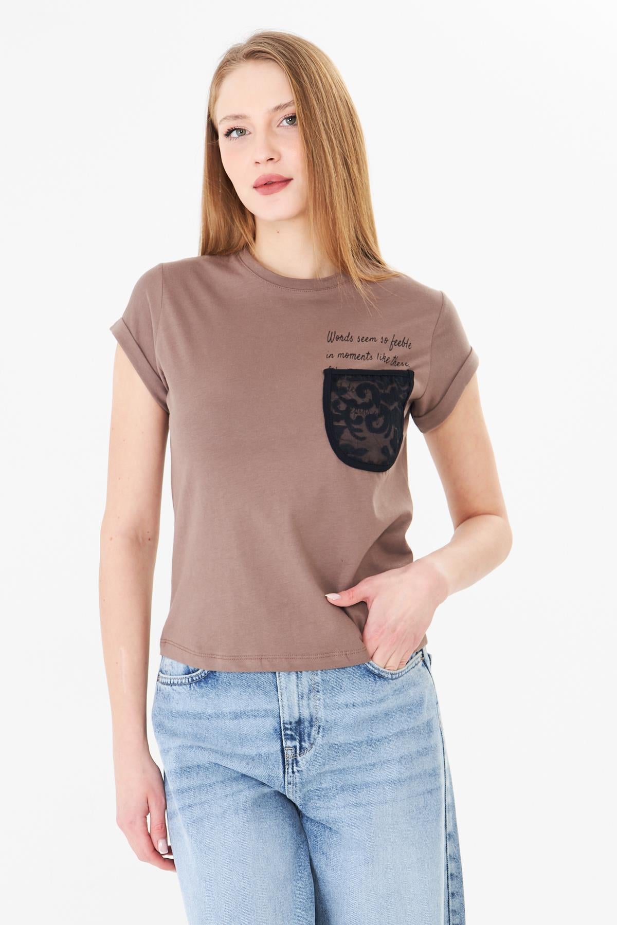 Dantel Cepli Tshirt Kahverengi