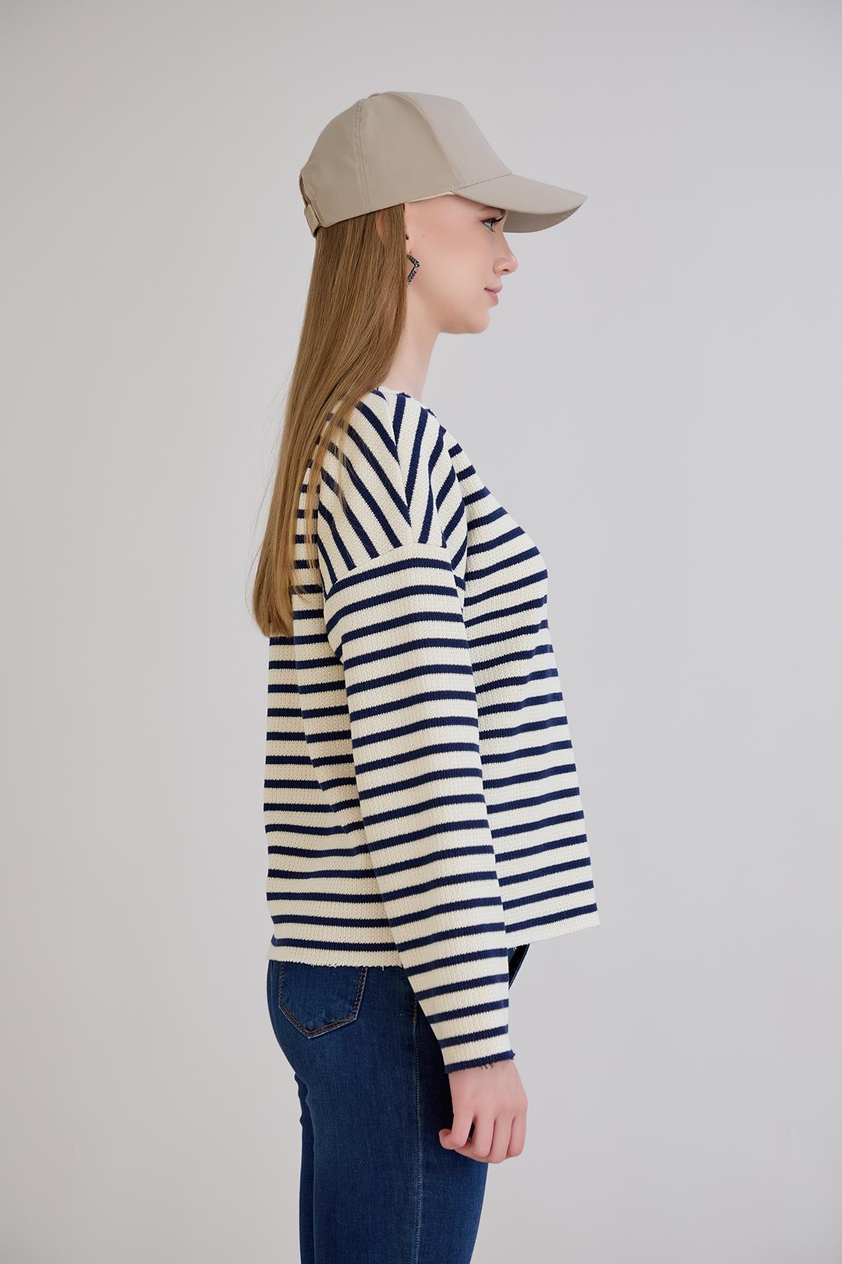 Dikiş Detay Çizgili Sweatshirt İndigo