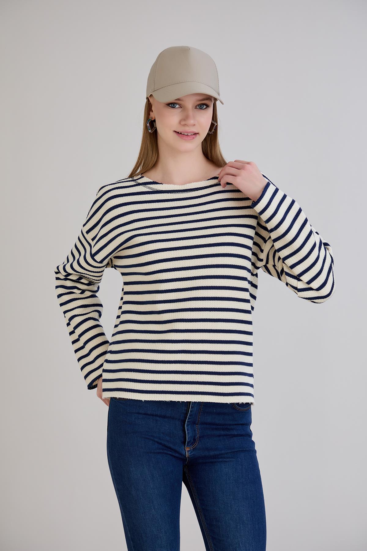 Dikiş Detay Çizgili Sweatshirt İndigo
