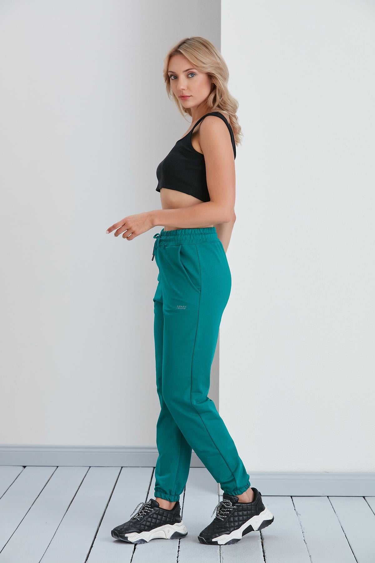 Düz Model Lastikli Paça Penye Eşofman Altı Yeşil