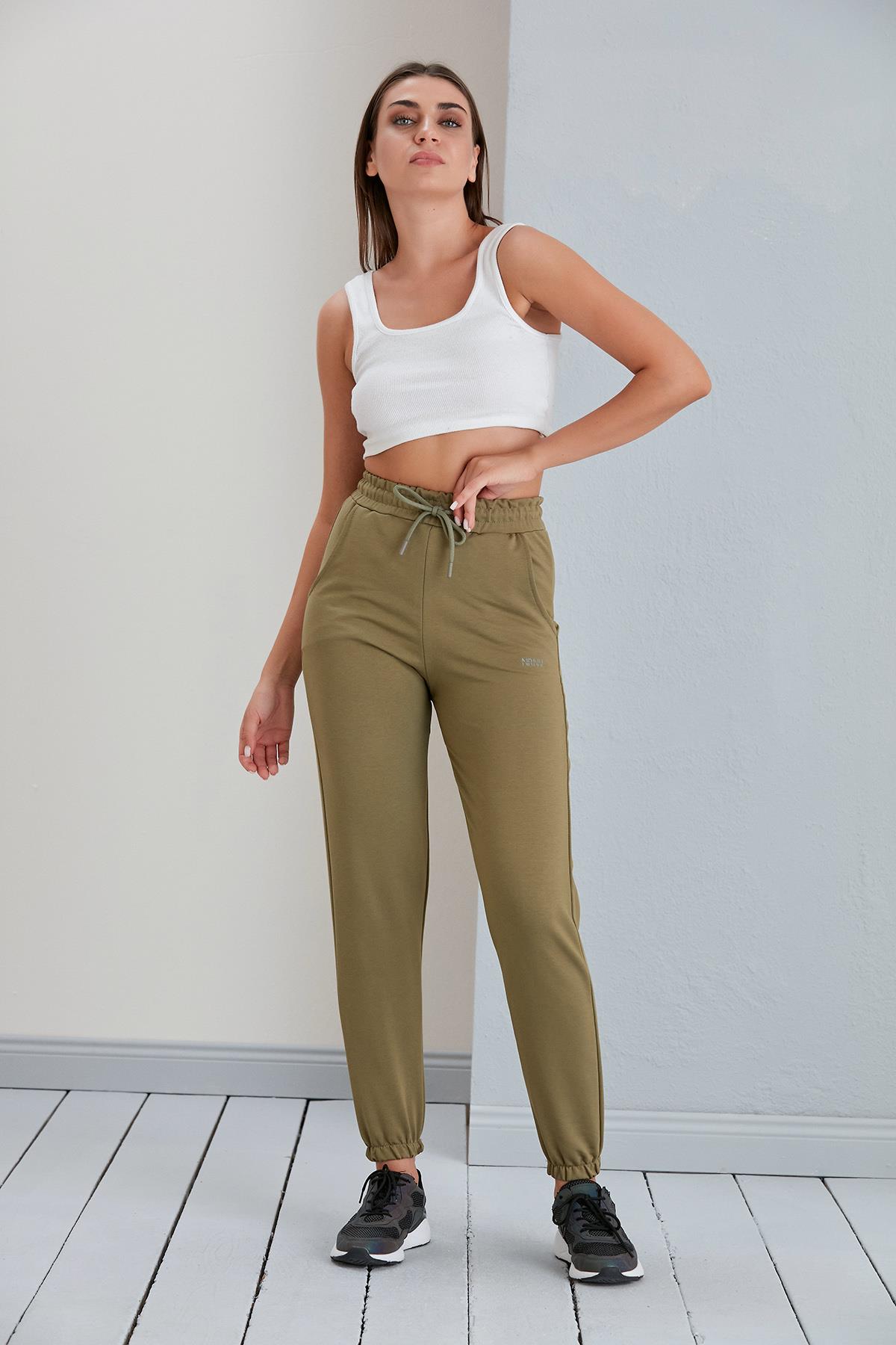 Düz Model Lastikli Paça Penye Eşofman Altı Haki