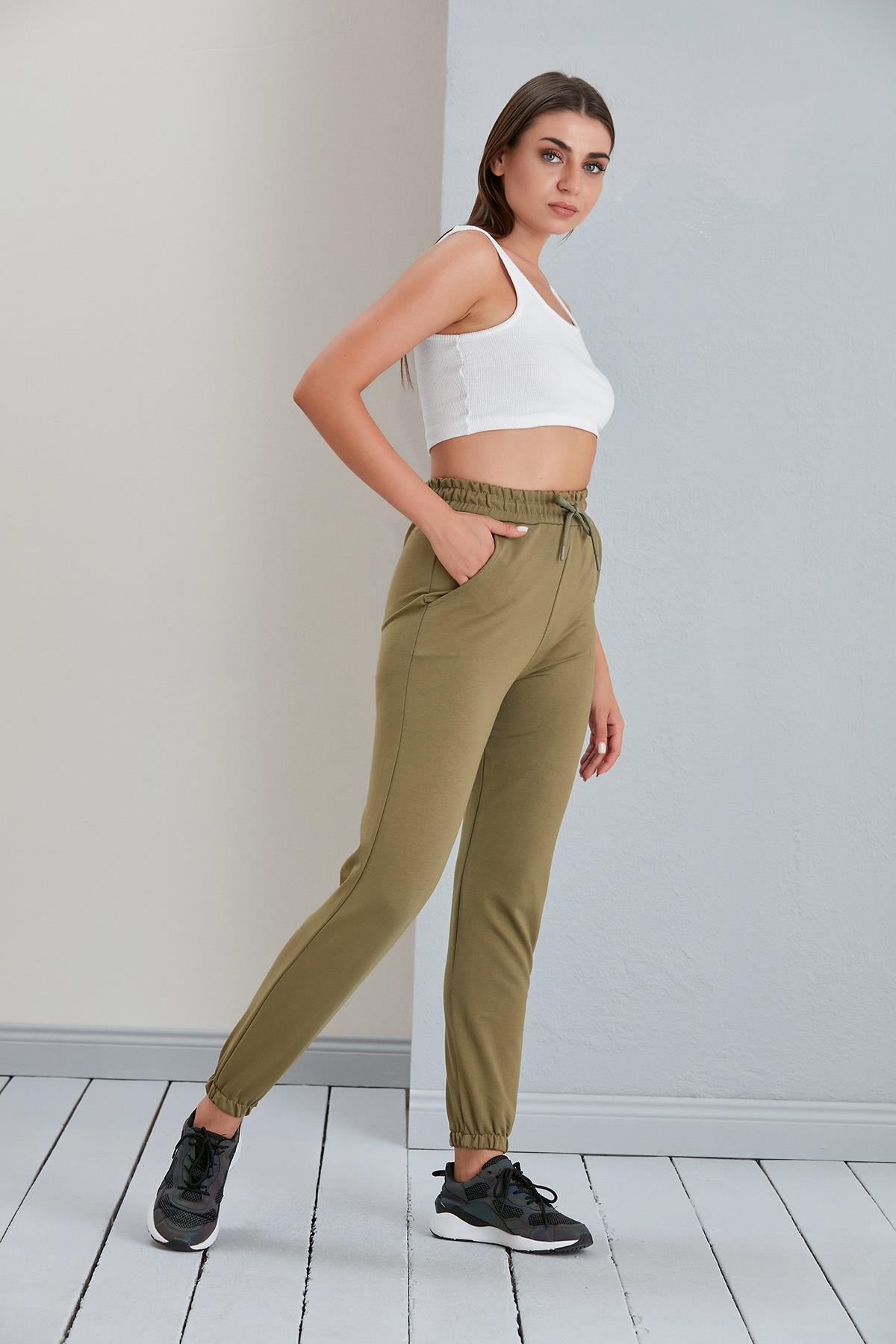 Düz Model Lastikli Paça Penye Eşofman Altı Haki