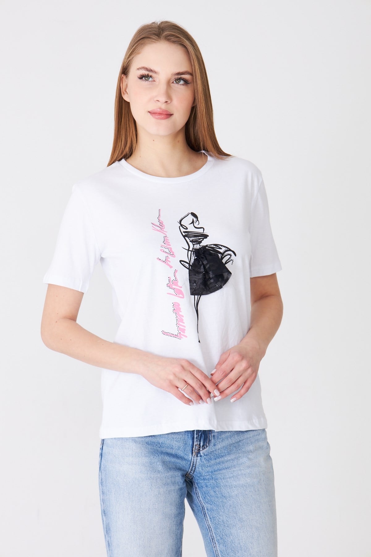 Eteği Garnili Kız Baskılı Taşlı Tshirt Beyaz