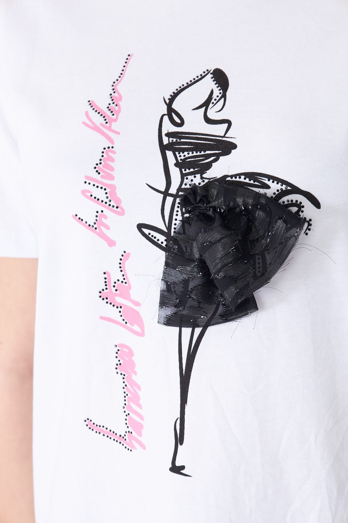 Eteği Garnili Kız Baskılı Taşlı Tshirt Beyaz