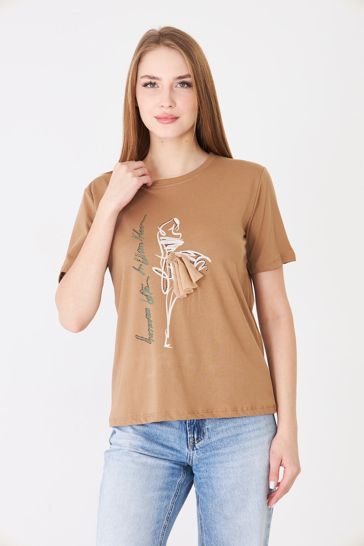 Eteği Garnili Kız Baskılı Taşlı Tshirt kapiçino