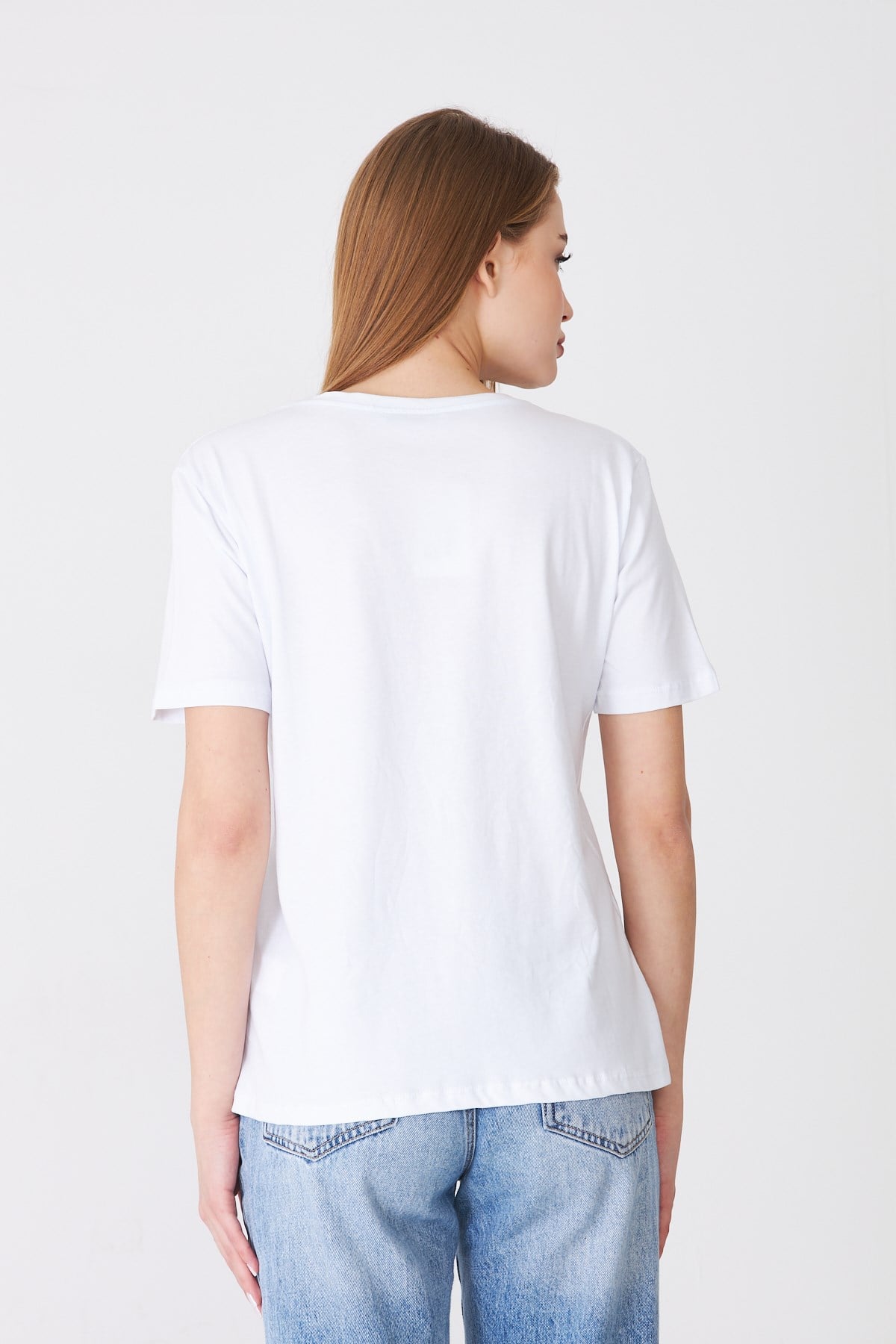 Eteği Garnili Kız Baskılı Taşlı Tshirt Beyaz