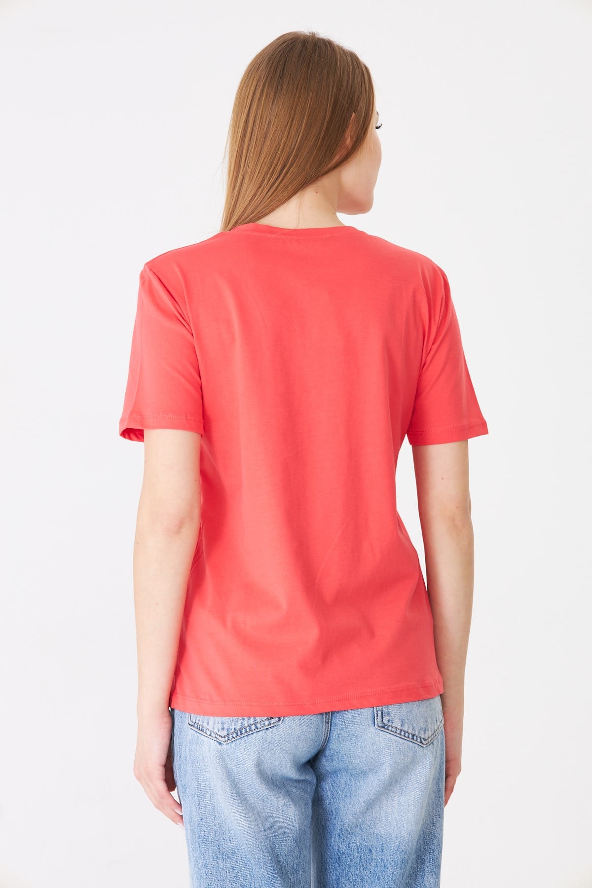 Eteği Garnili Kız Baskılı Taşlı Tshirt Mercan