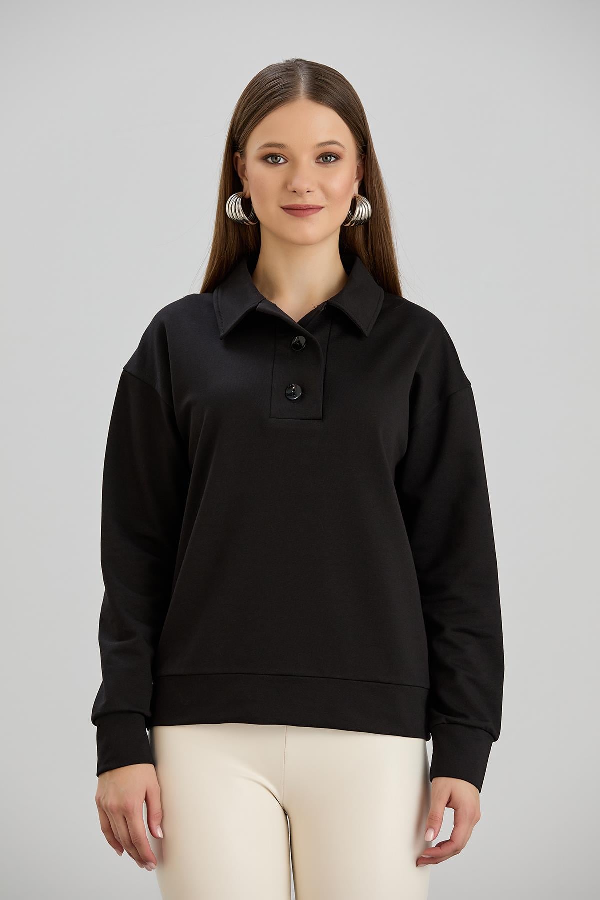 Geniş Patlı İki İplik S-Shirt Siyah