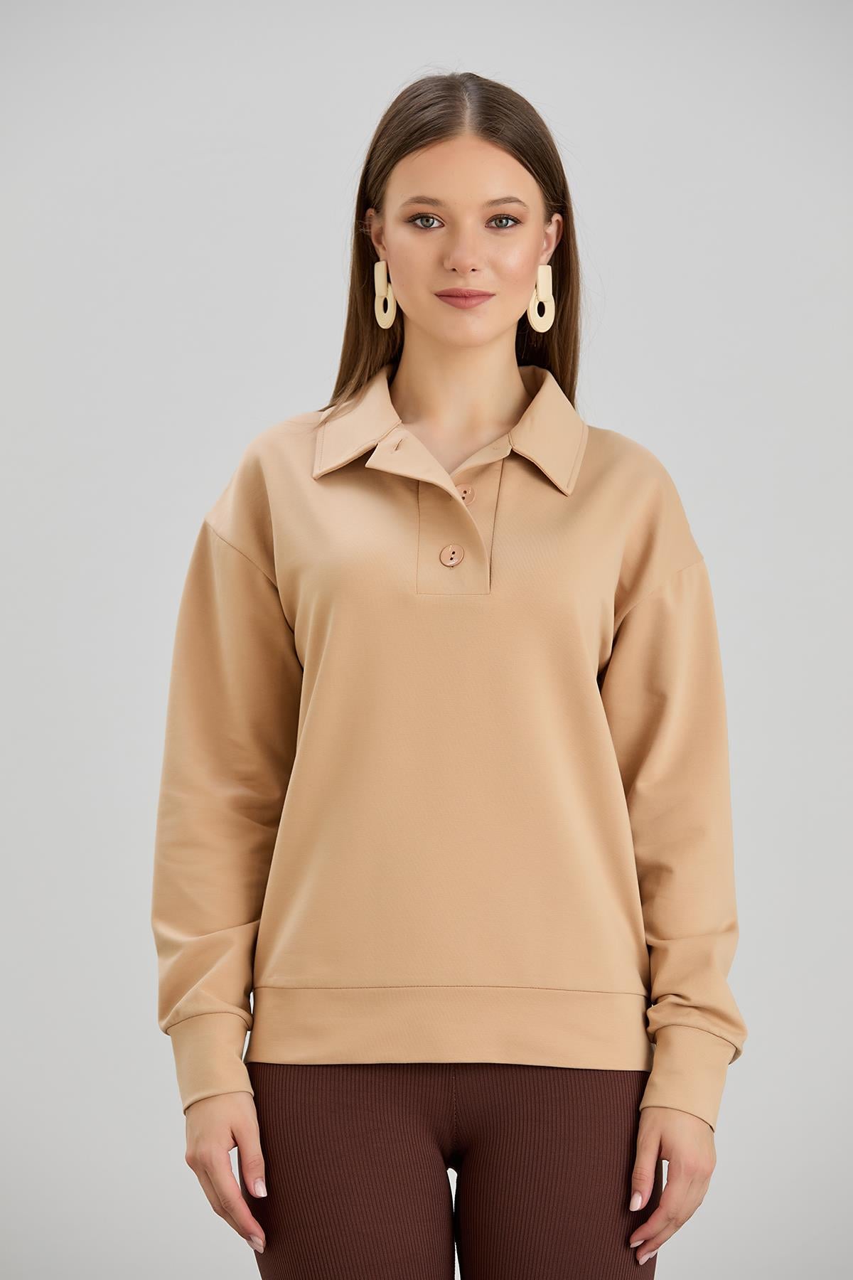 Geniş Patlı İki İplik S-Shirt Vizon