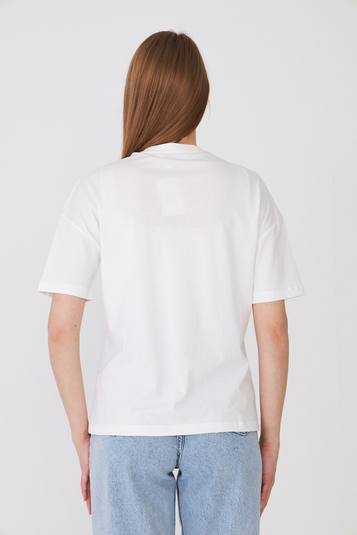 Gül Baskılı Rahat Kalıp Basic T-Shirt - Ekru