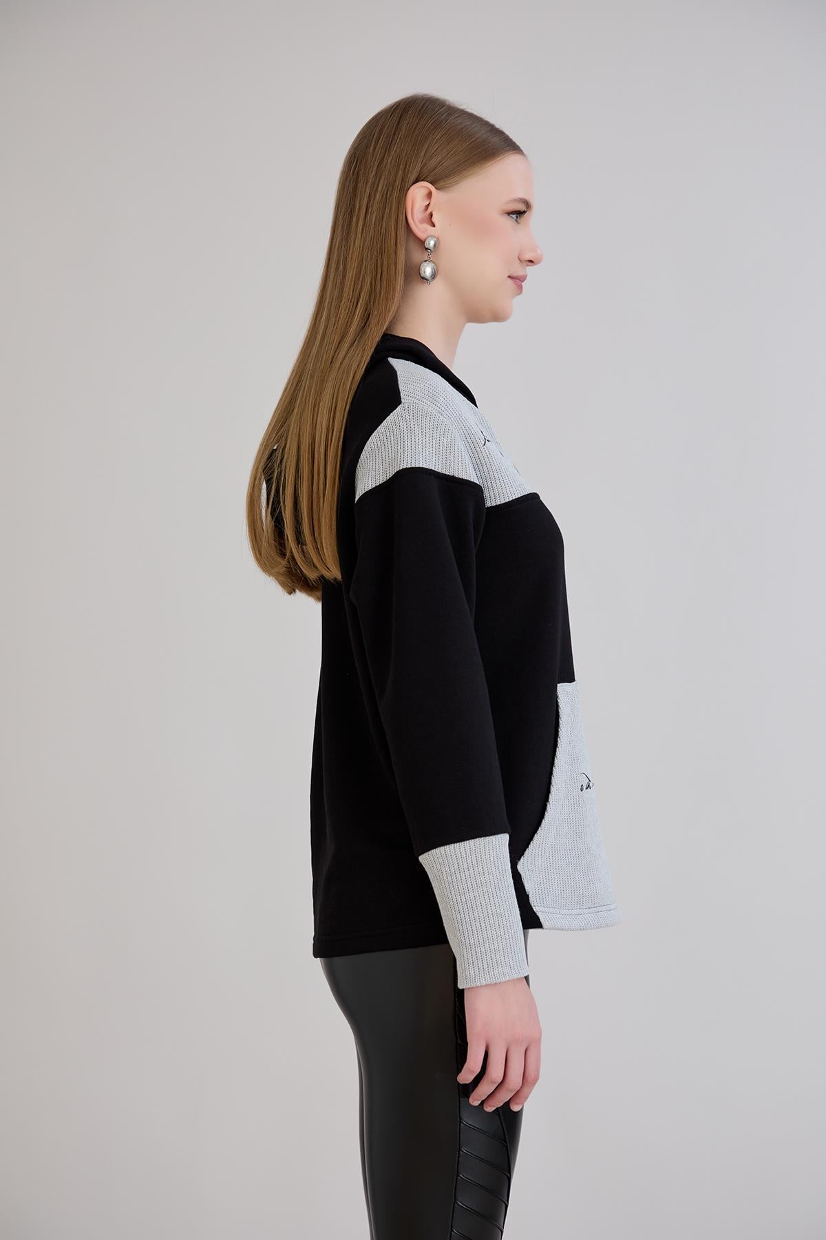 Kanguru Cepli Triko Garnili S-Shirt Siyah