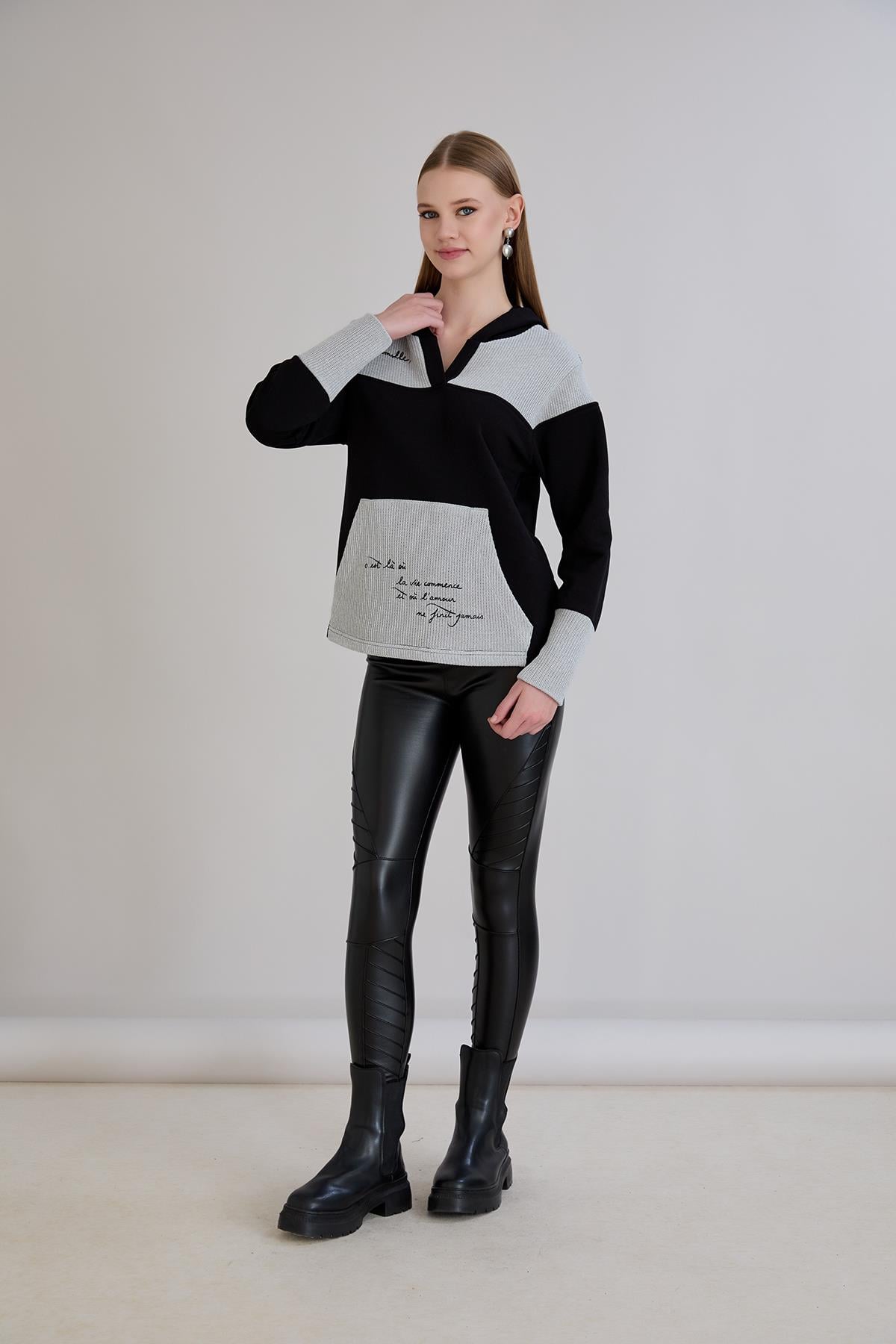 Kanguru Cepli Triko Garnili S-Shirt Siyah