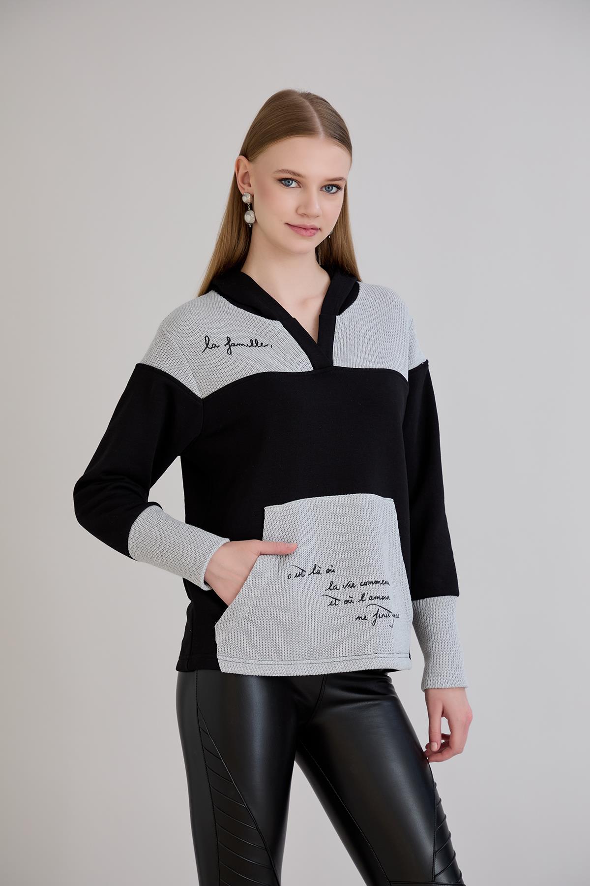 Kanguru Cepli Triko Garnili S-Shirt Siyah