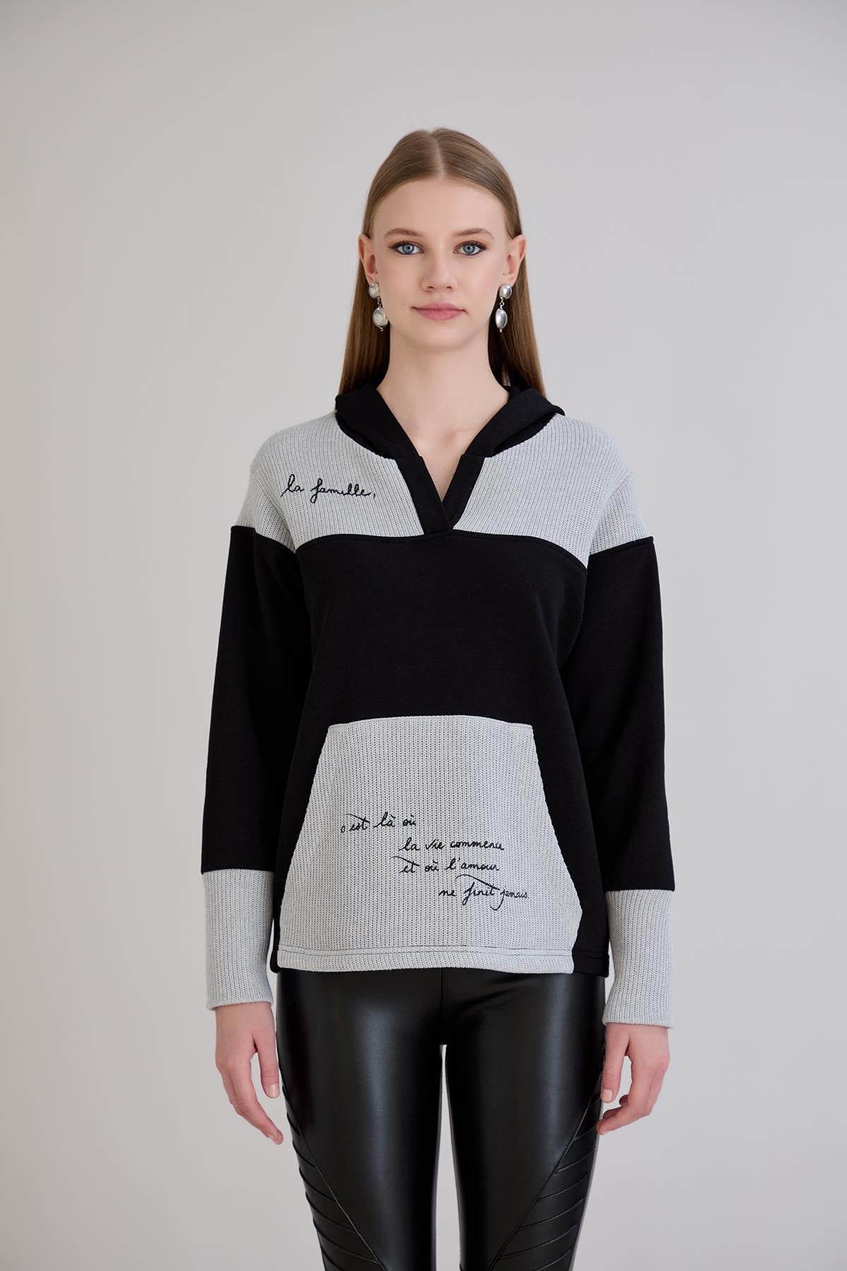 Kanguru Cepli Triko Garnili S-Shirt Siyah