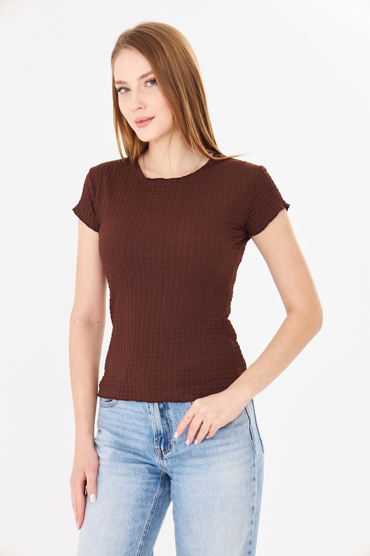 619- Karpıuz kollu bürümcük tshirt Kahverengi