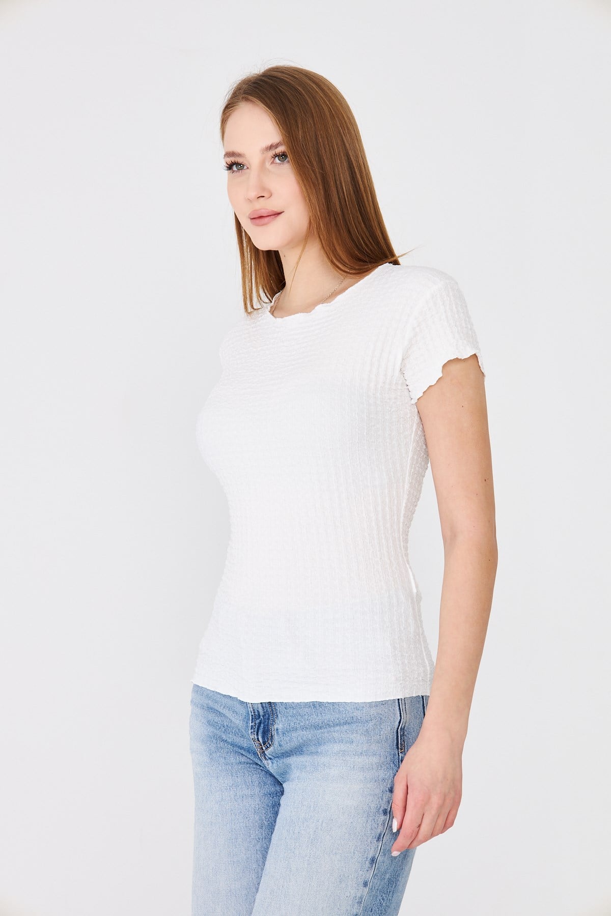 619- Karpıuz kollu bürümcük tshirt Ekru