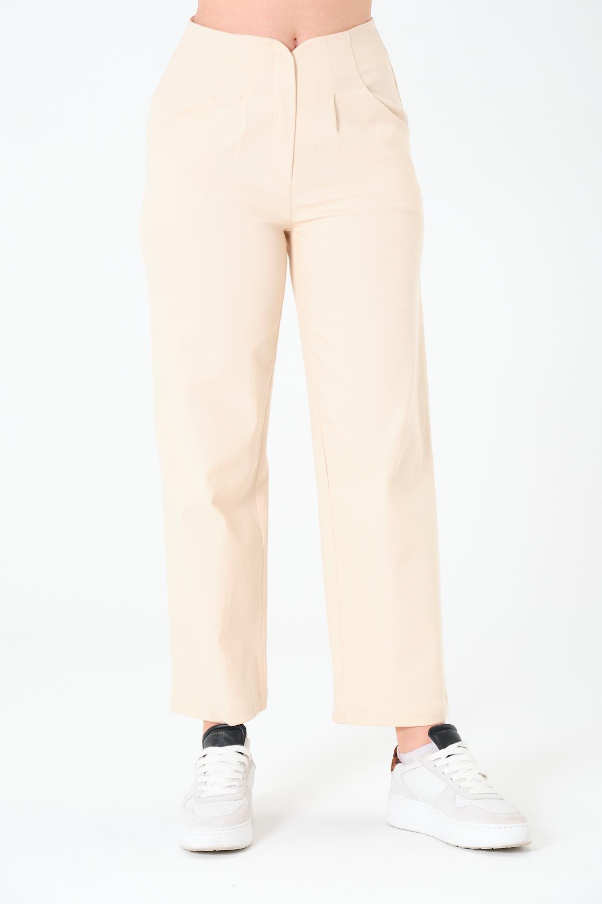 Kemersiz Gabardin Pantolon Açık Bej
