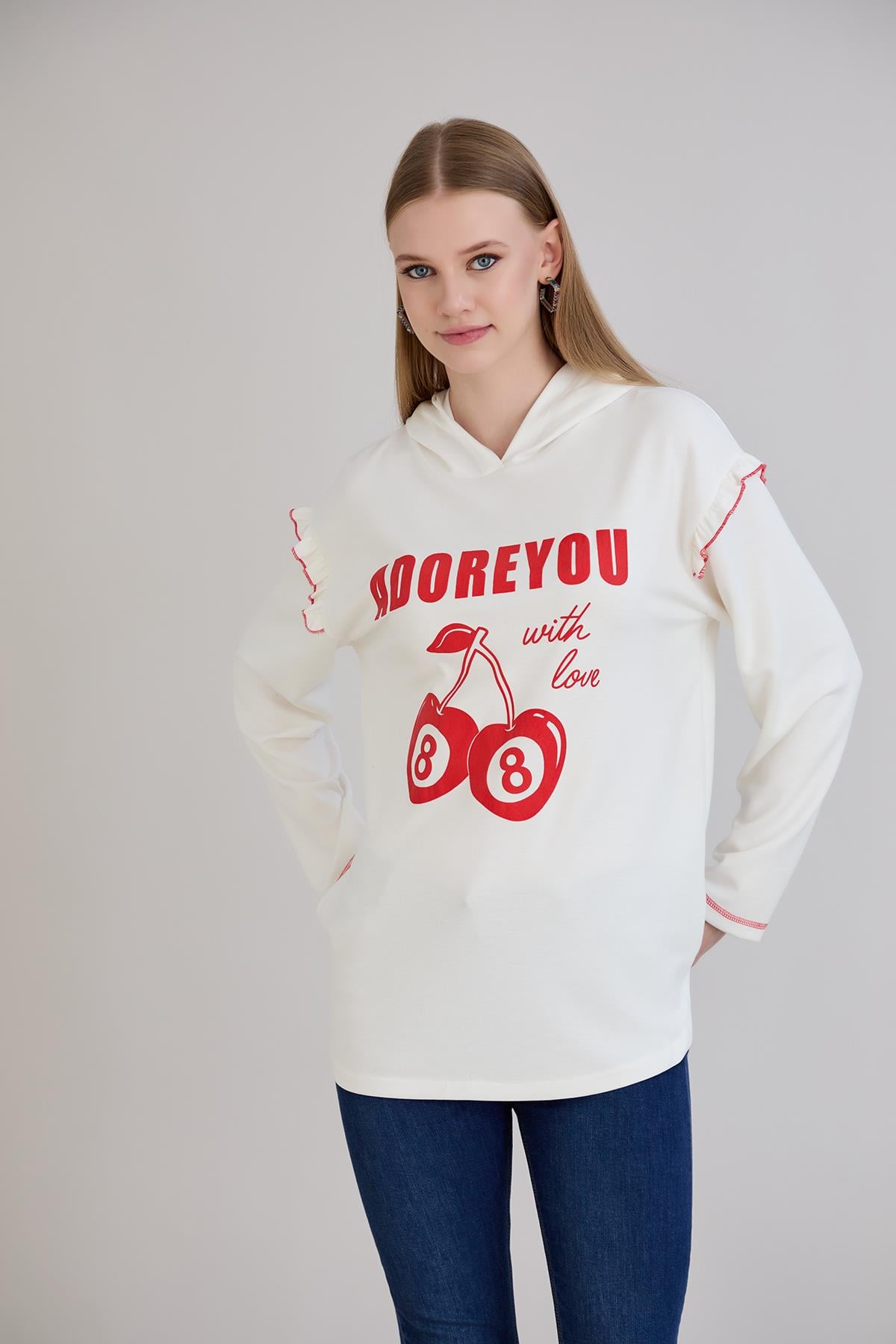 Kiraz Baskılı Kapşonlu Sweatshirt Ekru