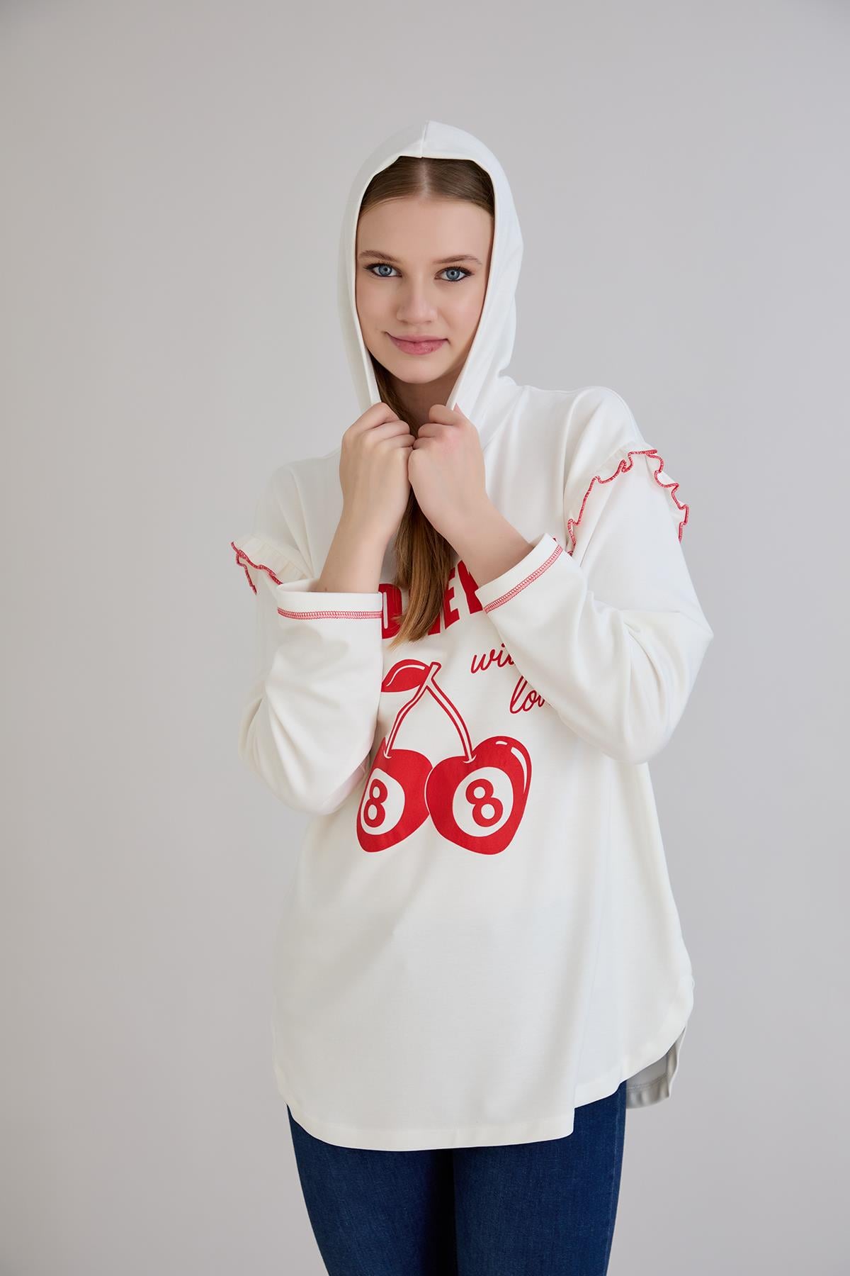 Kiraz Baskılı Kapşonlu Sweatshirt Ekru