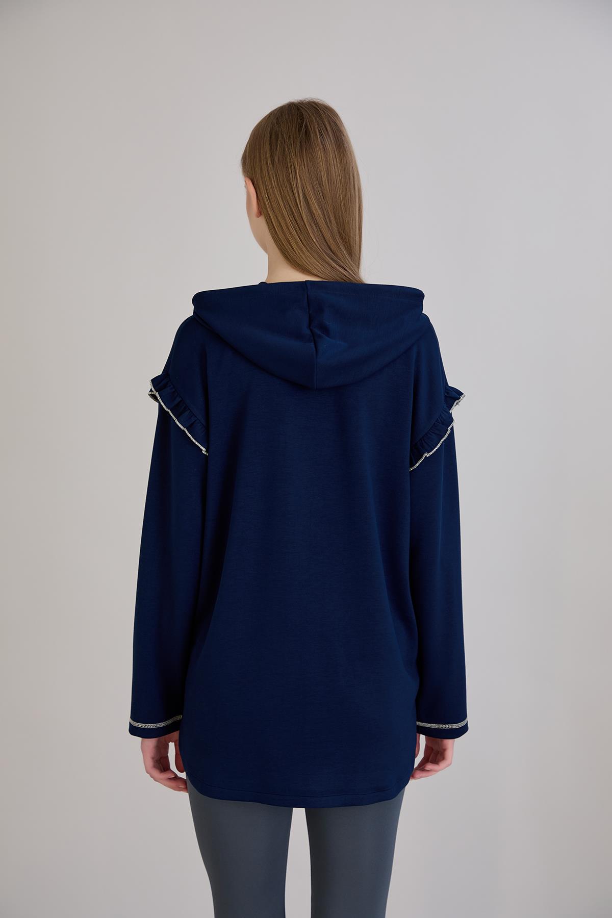 Kiraz Baskılı Kapşonlu Sweatshirt İndigo